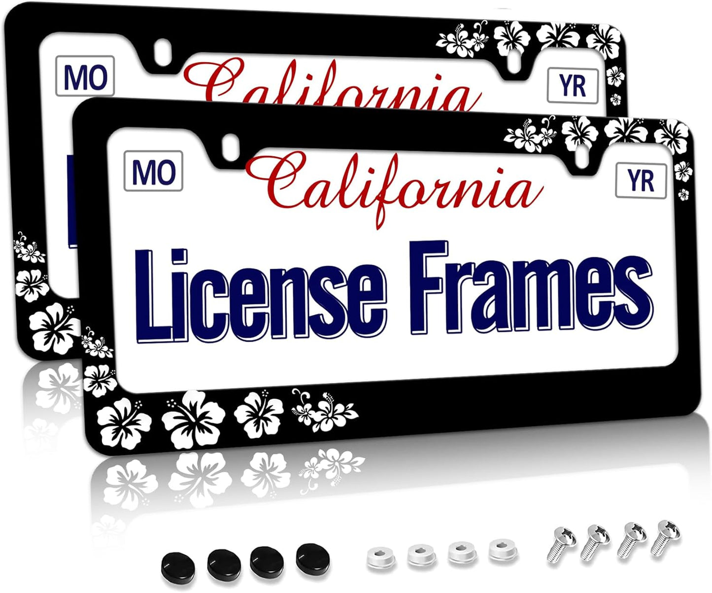 Stainless Steel Hibiscus Flower License Plate Frame Hibiscus License Plate Holder， Tropical Floral Car License Plate Covers Accessory tag Frame with Screws for Women 12.3" X 6.3"