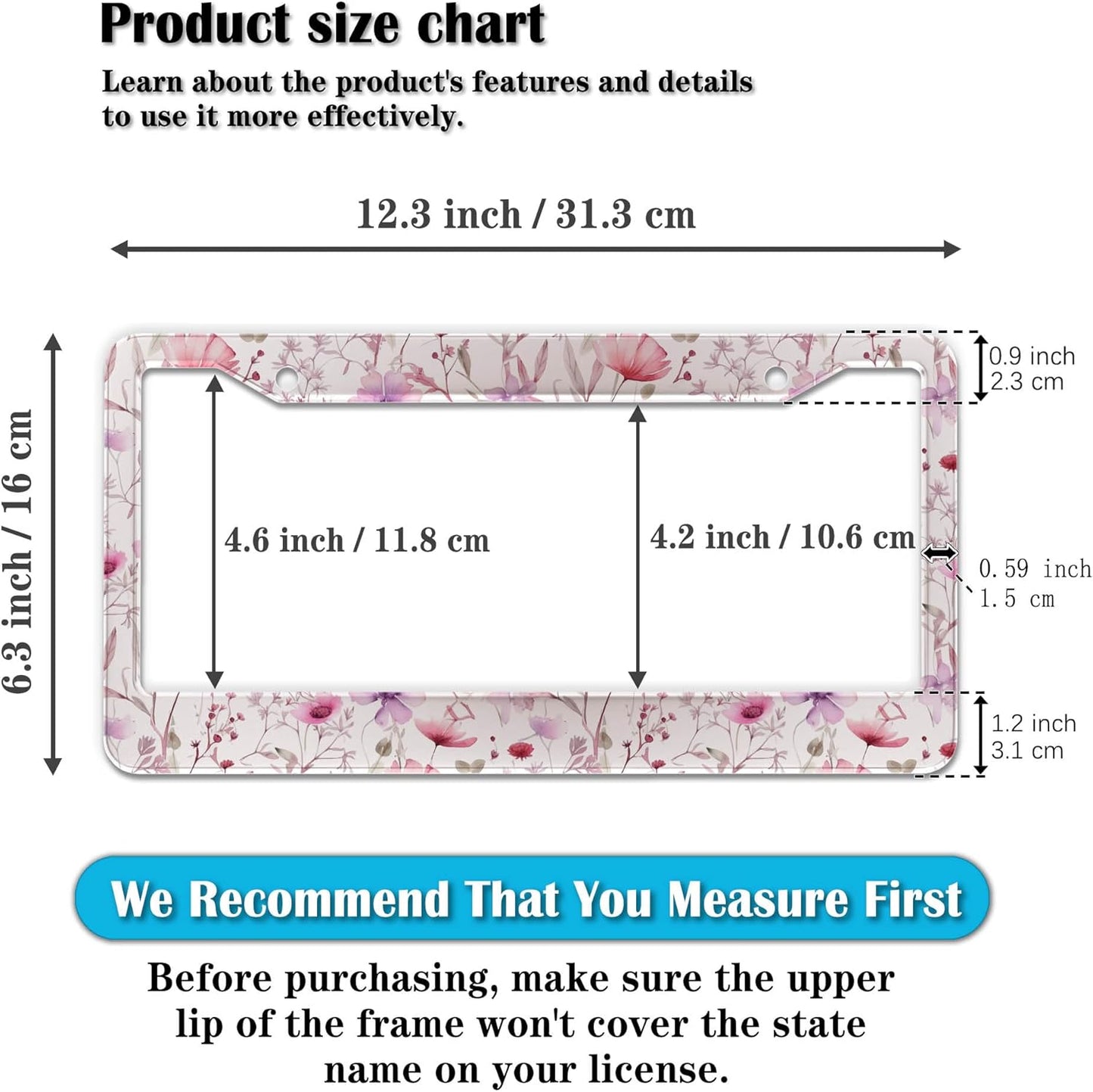 License Plate Frame Holder for Women Powder License Plate Frames for Men Pink Flower Aluminum Metal Car Accessory 2 Pack with Screw Covers Set