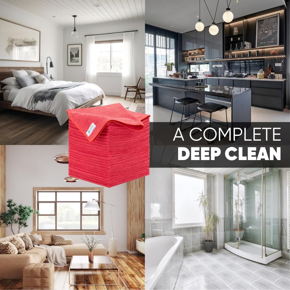 Bulk 16" x 16" All Purpose Microfiber Towels Wholesale - Case Quantity (200 Count) | Large | No Fraying | High Density Microfiber | Zero Chemical Cleaner | Long-Lasting (Red)