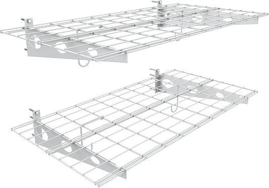 EVERHANGER Wall Mounted Garage Shelves, 2 x 4 ft Metal Storage Shelves, Heavy Duty Wall Shelving with Hooks, Holds Up to 220 Lbs, White