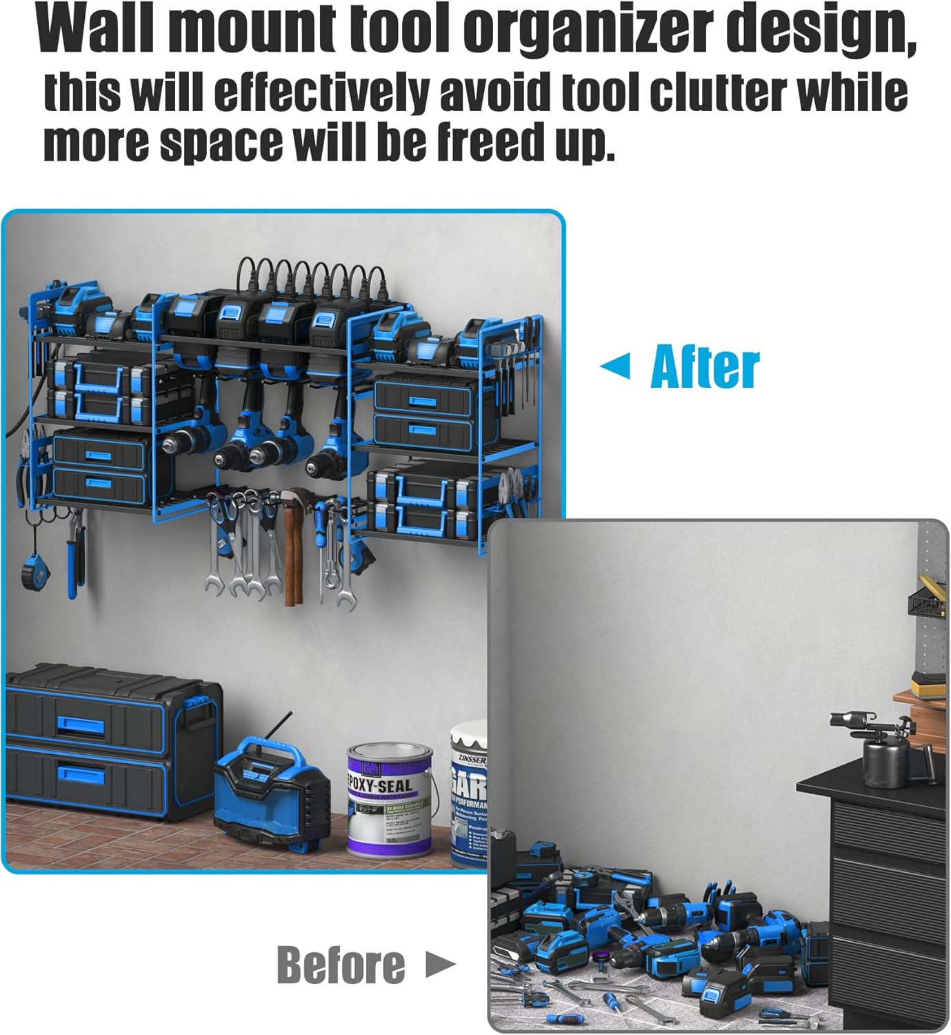 CCCEI Blue Power Tool Organizer Wall Mount, Large Tools and Battery Storage Rack Charging Station Individual Switches. Drills Holder, Garage Utility Shelves with 6FT Power Strip. Gift for Men.