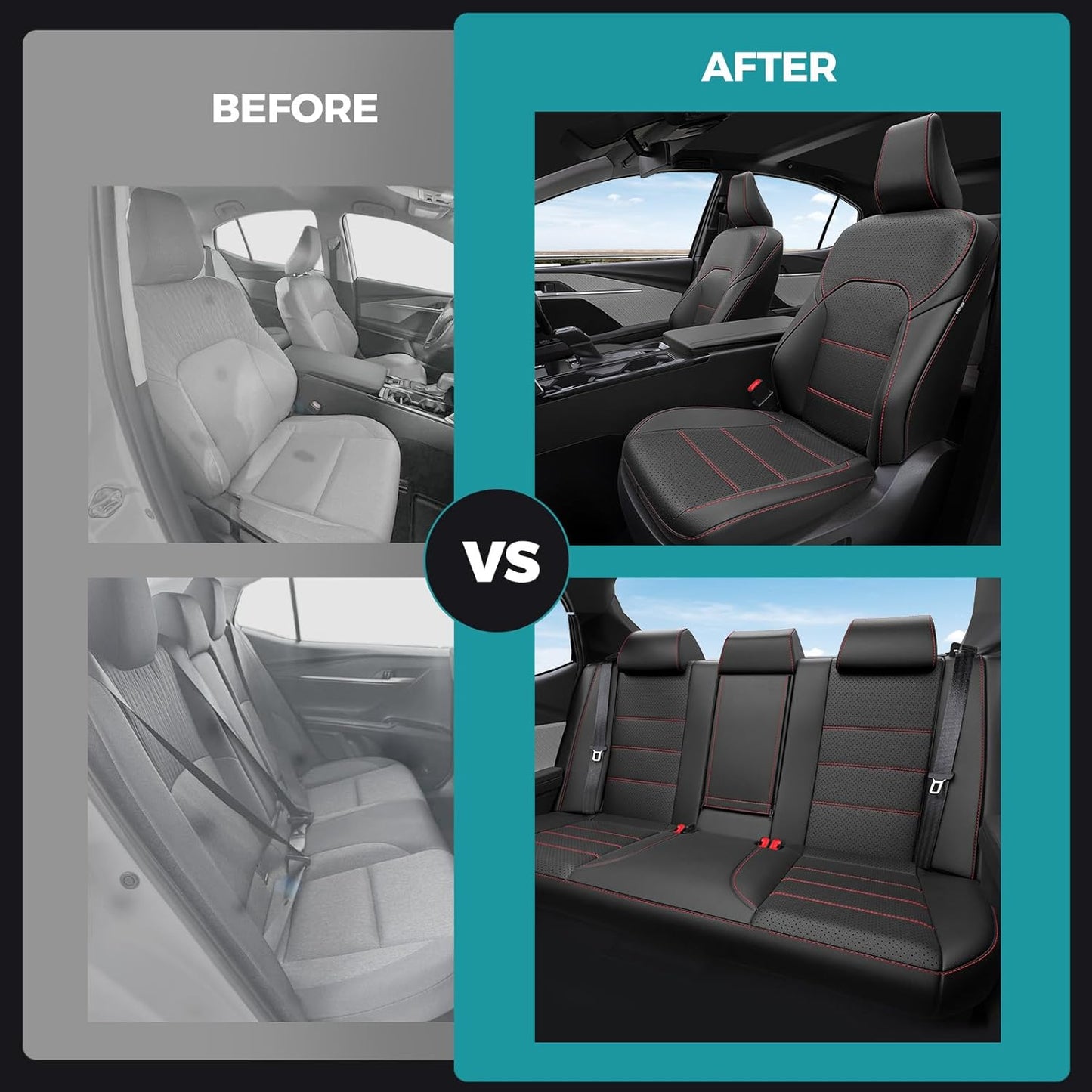 Leather Seat Covers for Toyota Camry 2025 LE SE Hybrid - Custom Fit Car Seat Cover Full Set, Luxury Waterproof Interior Accessories, Breathable Automotive Cushion Protectors, Black Red Trim