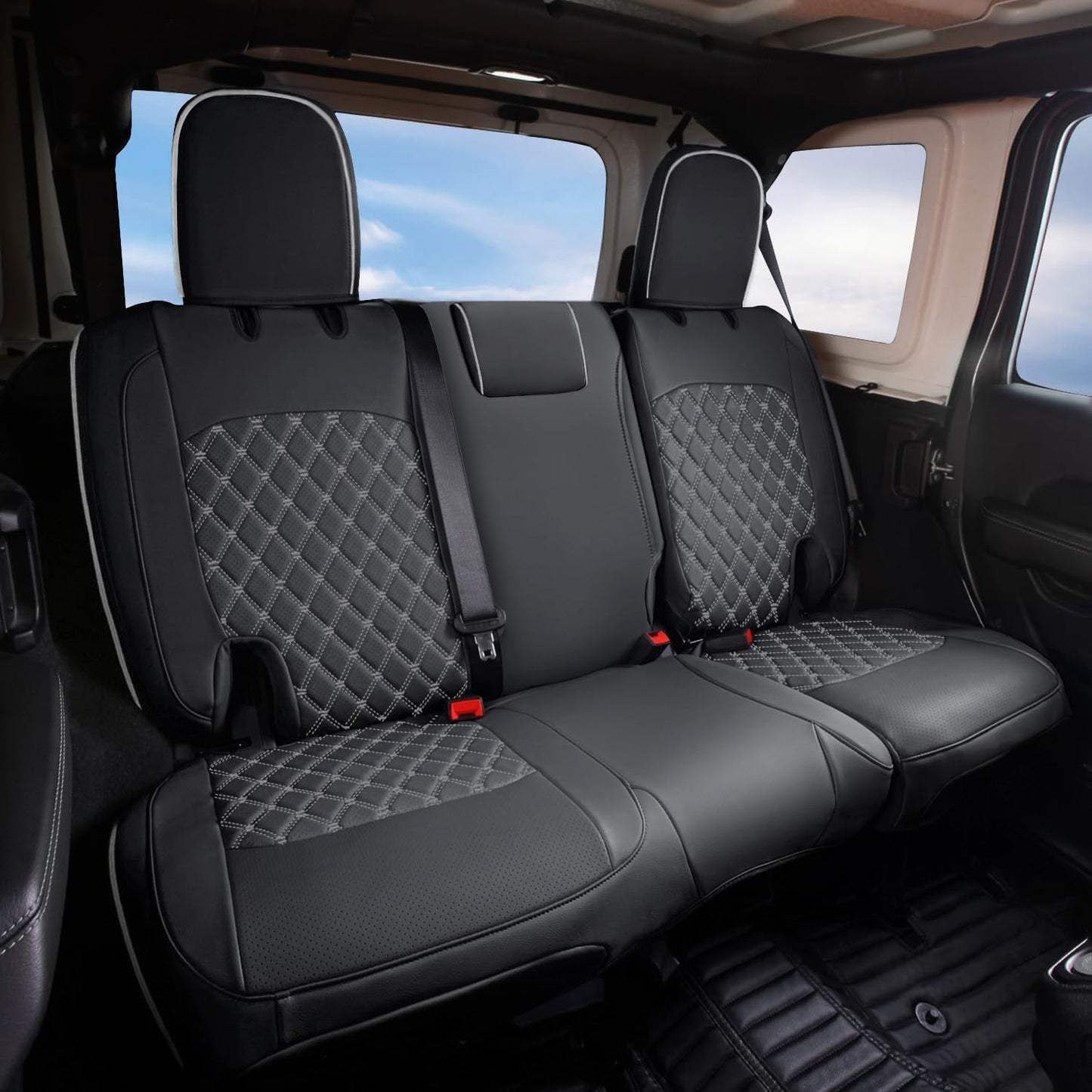 GIANT PANDA Customized Full Set Car Seat Covers for Jeep Wrangler 4 Door JL Sahara Sport Rubicon Willys 2018 2019 2020 2021 2022 2023 2024 2025 Without Rear Cup Holder,Faux Leather - (Black+Gray)