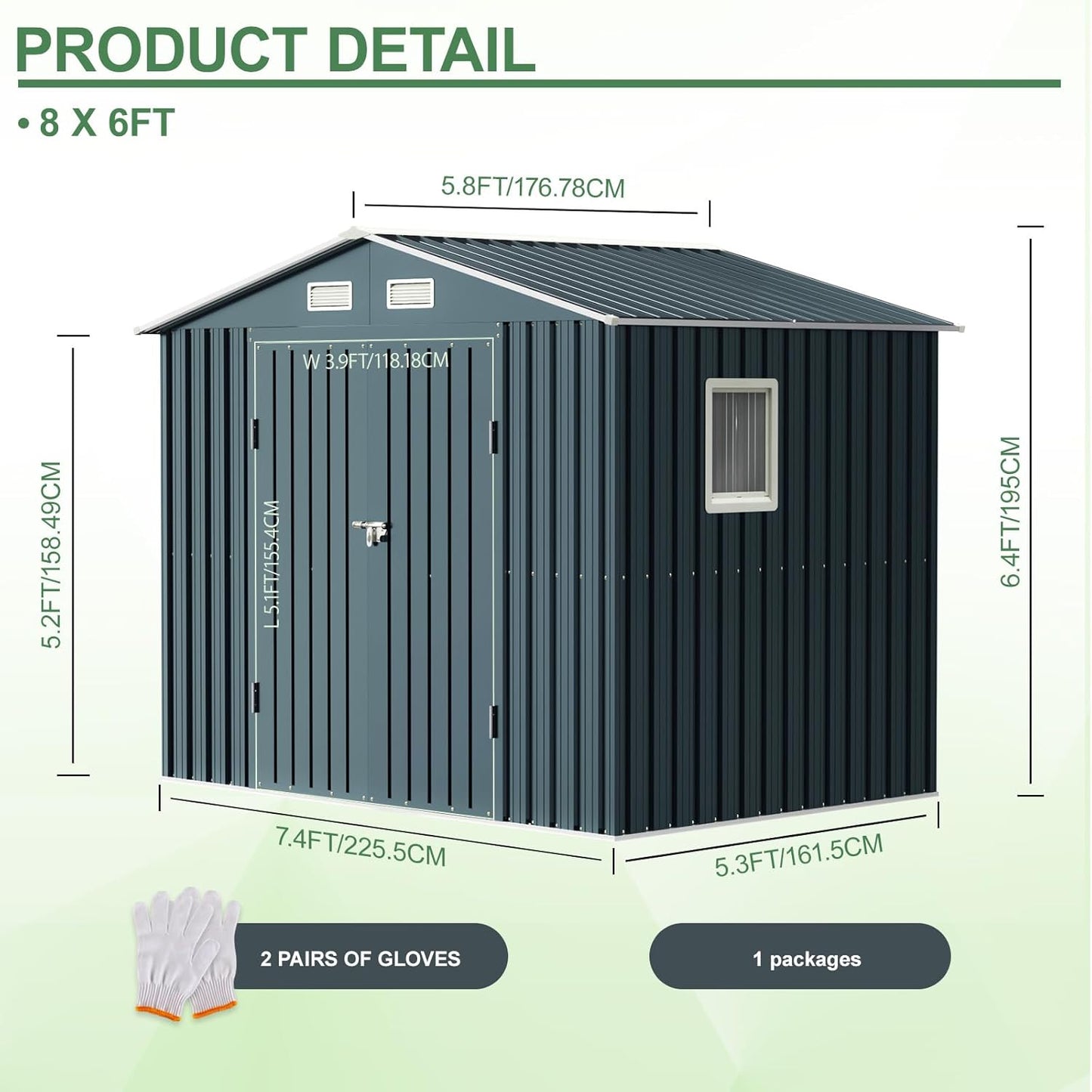 8x6FT Outdoor Steel Storage Shed with Clear Window, Lockable Doors, Weather-Resistant Metal Tool Shed for Garden, Backyard, Patio, and Utility Storage