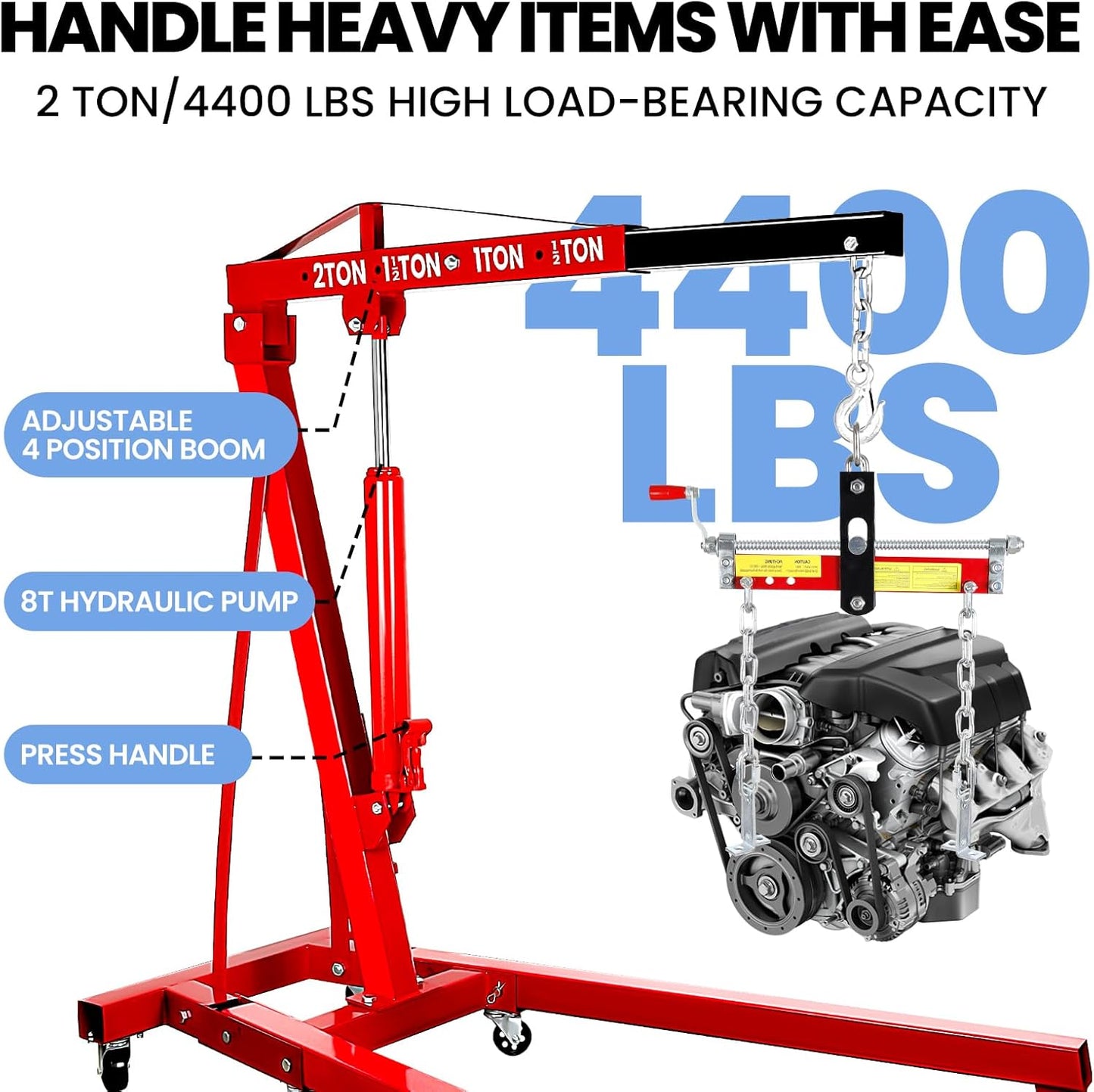 Engine Hoist 2 Ton Folding Cherry Picker Engine Hoist, Heavy Duty Alloy Steel Hydraulic Engine Stand with 8 Ton Hydraulic Pump, Engine Lift for Workshops, Warehouses, Red (Engine Hoist)