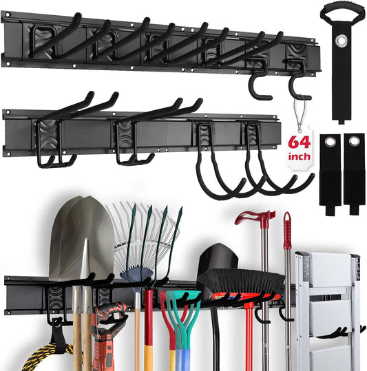 64" Heavy Duty Garage Storage Tool Organizer Wall Mount - Tool Rack with Adjustable Hooks, Anti-Rust, 300lbs Capacity - Easy Installation (4 Racks, 10 Hooks, 3 Straps)