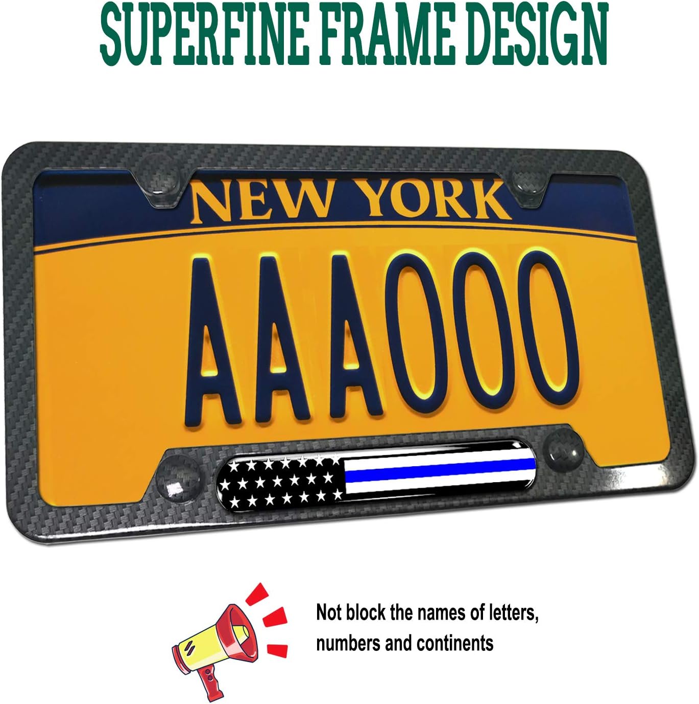 Police Thin Blue Line License Plate Frame- Patriotic Carbon Fiber Car Tag Holder, American Flag Black Aluminum Bracket with Screw, Cap Covers, Decal, Novelty Gift for Law Enforcement, 1 Pack