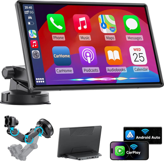 Wireless CarPlay Screen for Car - Portable Dash 9" HD IPS Screen with Strongest Suction Mount, Android Auto, GPS Navigation, Bluetooth Handsfree, Airplay, MirrorCast, Fit Most Cars