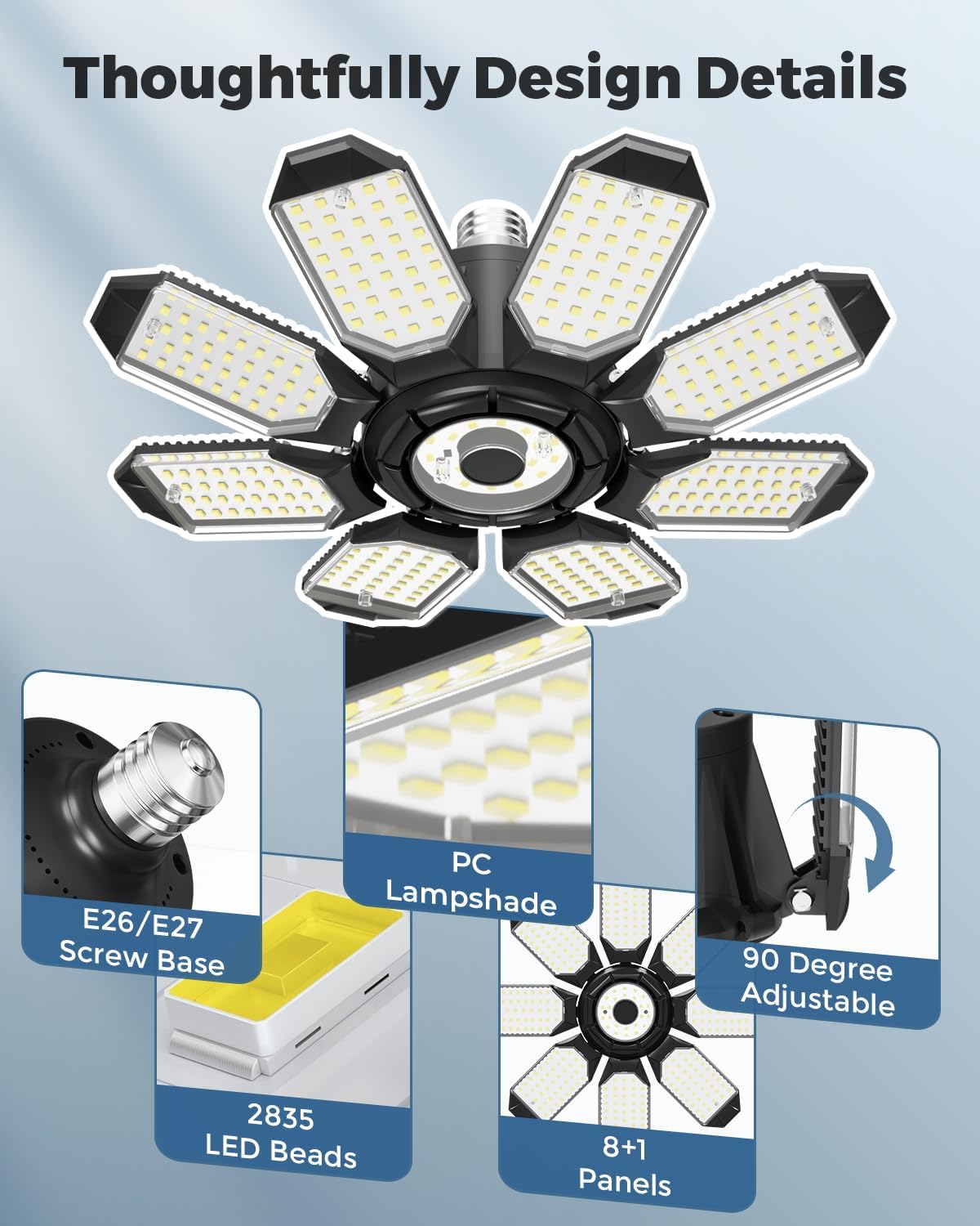 Adiding LED Garage Ceiling Lights 56000Lm 4 Pack w/ 8 Adjustable Panels, Super Bright Deformable Basement Lighting Fixture Screw in E26 Bulb Socket for Indoor Workshop, Attic, Storage, Bay, Home Gym