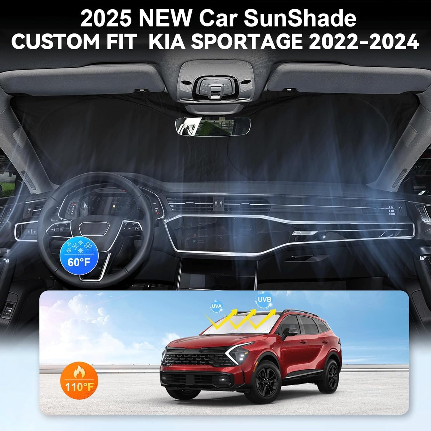 Custom Fit Sportage Windshield Sunshade for 2022-2023 2024 2025 KIA Sportage Front Window Shades Cover for Windshield Sun Visor Protector Reflector Block Heat and Sun Protection Cooler Accessories