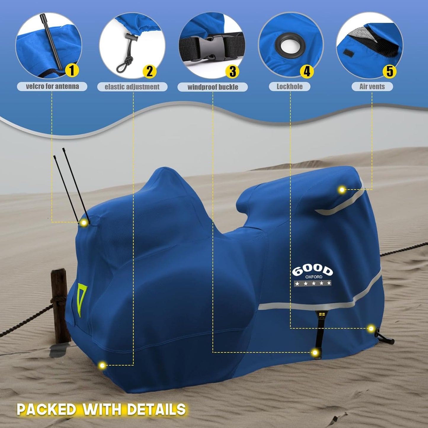 Rosefray Motorcycle Cover with Side+Top Box Heavy Duty 600D Waterproof for Touring Models Harley Davidson Ultra Limited,Road Glide Limited, Gold Wing,Road Master,Indoor & Outdoor Storage Blue