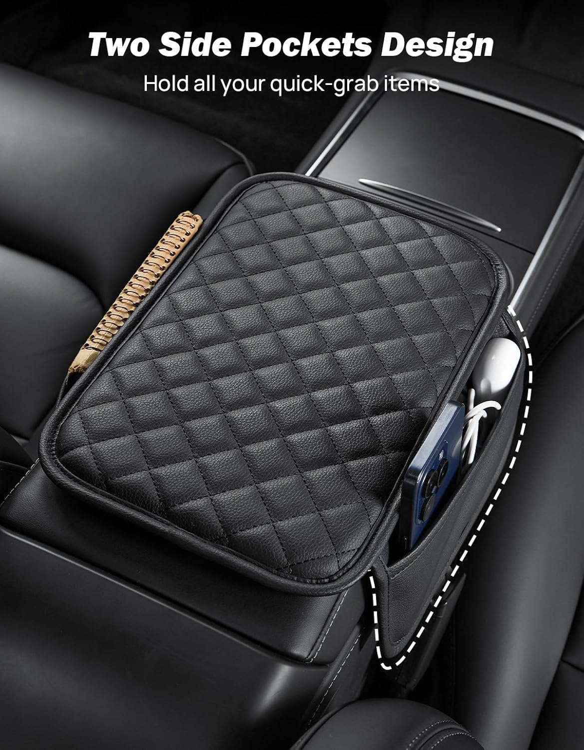 JOYTUTUS Center Console Cover with Storage Bag for SUV Sedan Car, Thin Middle Console Cover Arm Rest Pad, Leather 12.6" x 7.75" x 0.66"