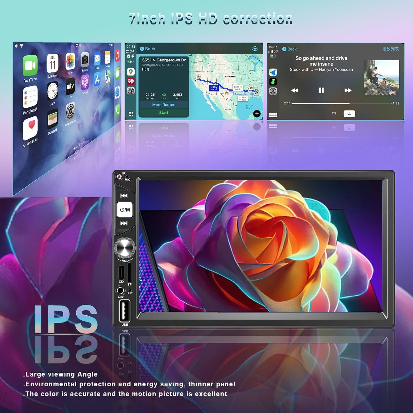 7” Wireless Apple CarPlay Double Din Car Stereo,FM Car Radio,Bluetooth 5.2,IPS Touchscreen 1024 * 600, Backup Camera,EQ Audio,Dual USB+Type-c Charging,Subwoord,Android Auto,Navigation,CarPlay MP5