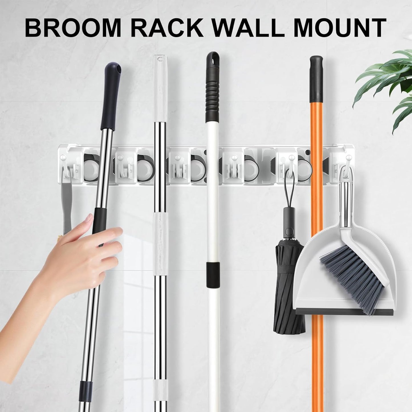 nacena Broom Holder Wall Mount, 2 Packs White Wall Hanging Garden Tool & Utility Closet Organizer Mop & Broom Hook Wall Mounted Heavy Duty Broom and Mop Organizer Wall Hanging for Bathroom, garage
