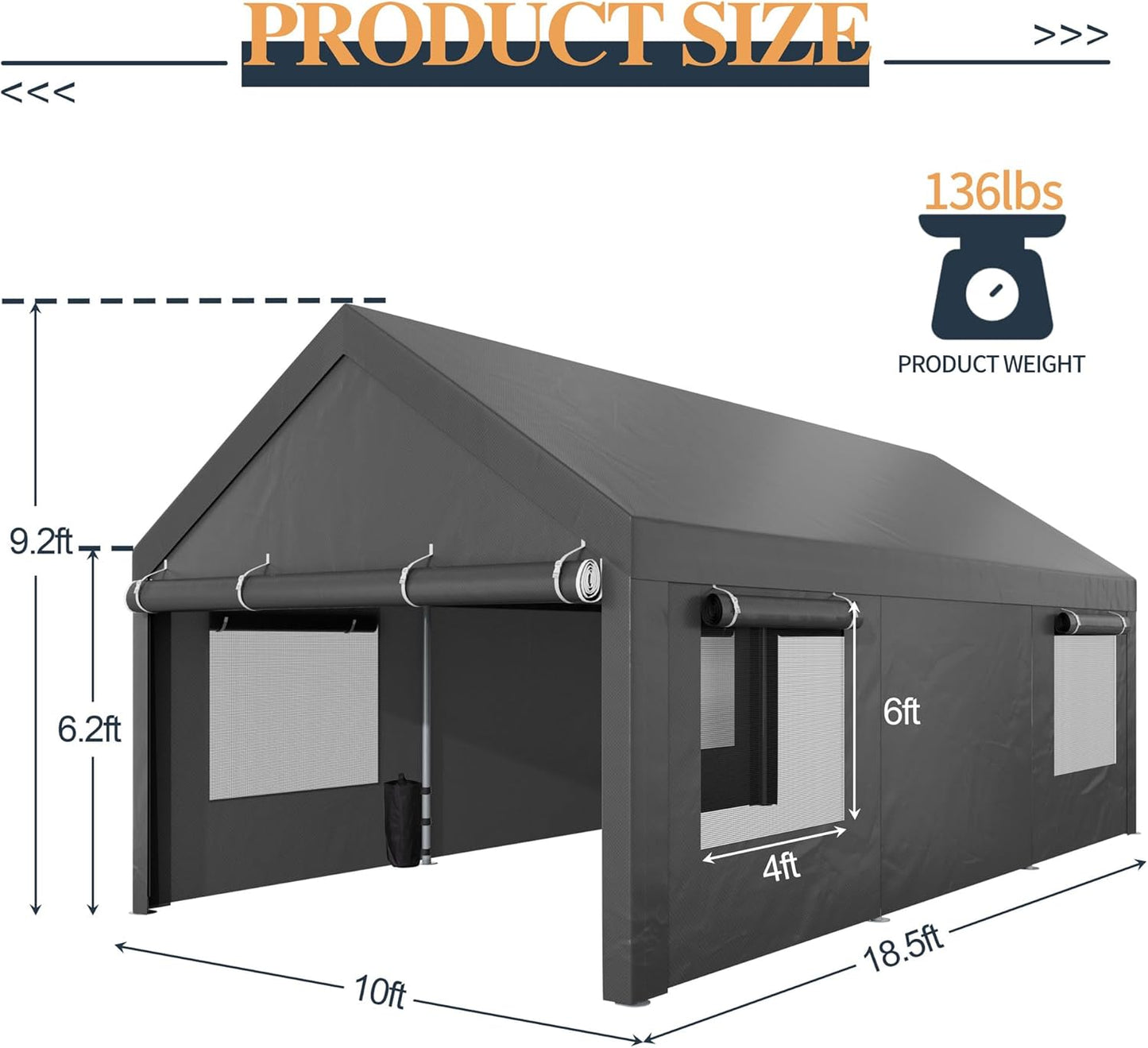 Shintenchi Carport 10' x 20' Heavy Duty Portable Garage, Carport Canopy with Side-Opening Door & Roll-Up Windows, Car Canopy for Truck,Car,Boat,Grey