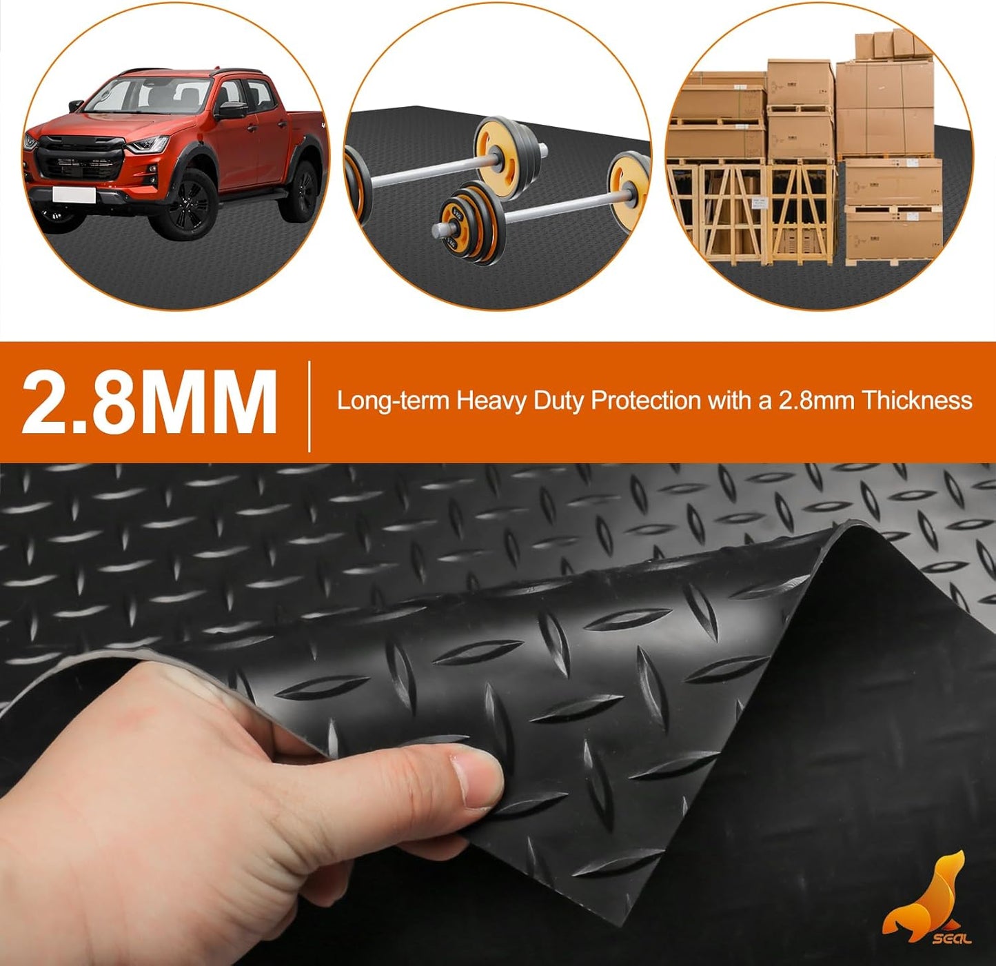 SEAL 5 x 10 Ft Premium Garage Floor Mat, Solid 2.8mm Thickened Black Commercial Grade Heavy Duty Parking Mat for Garage Floor, Golf Cart, Water/Stain Resistant Floor Runner (Embossed Diamond Plate)