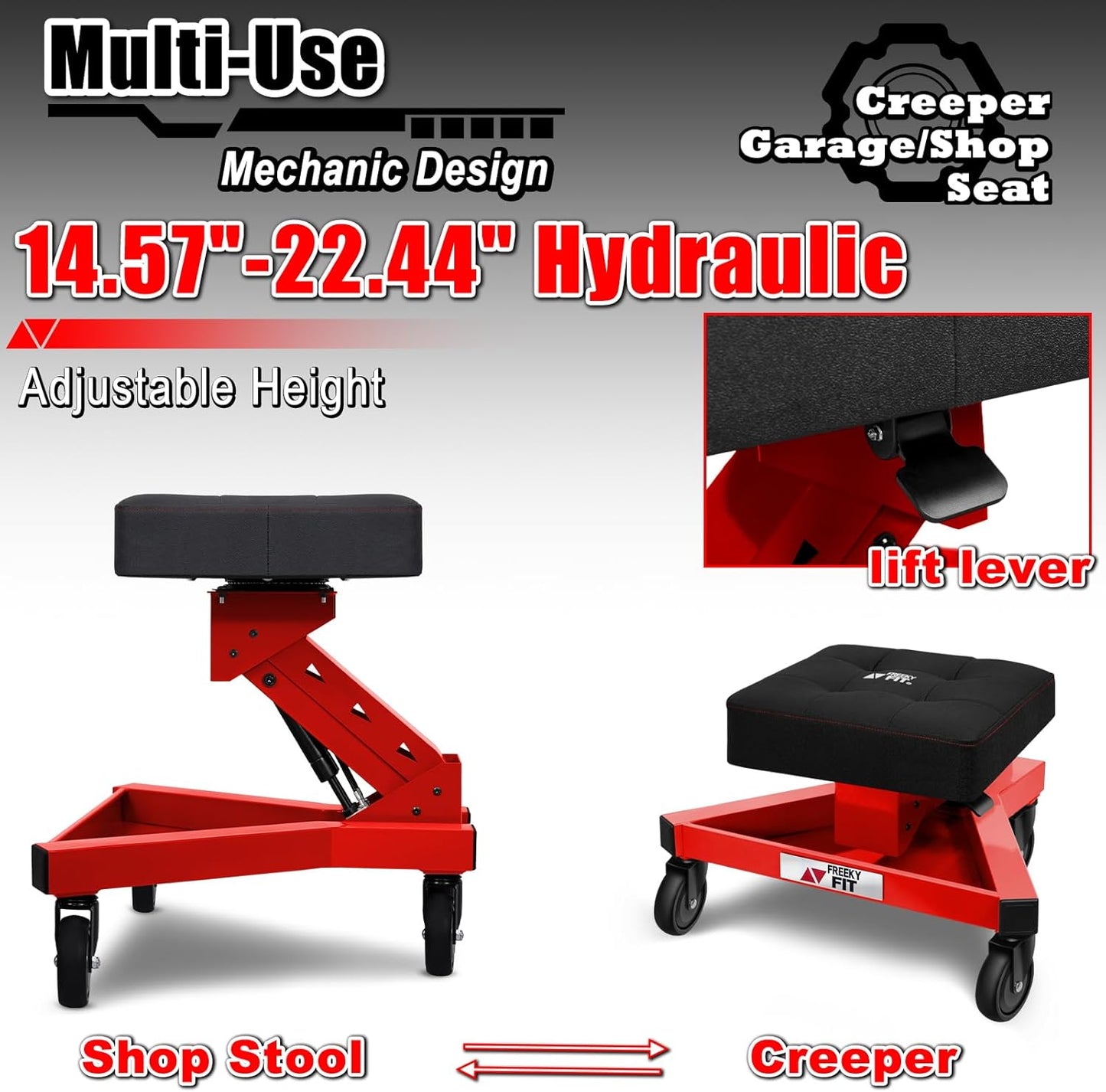 Mechanic Stool with Wheels, Hydraulic Adjustable Shop Stool on Wheels, Garage Work Rolling Chair for Workshop, 400 LBS Capacity, 4 Inch Casters, 360° Swivel Casters Roller Chair, Red