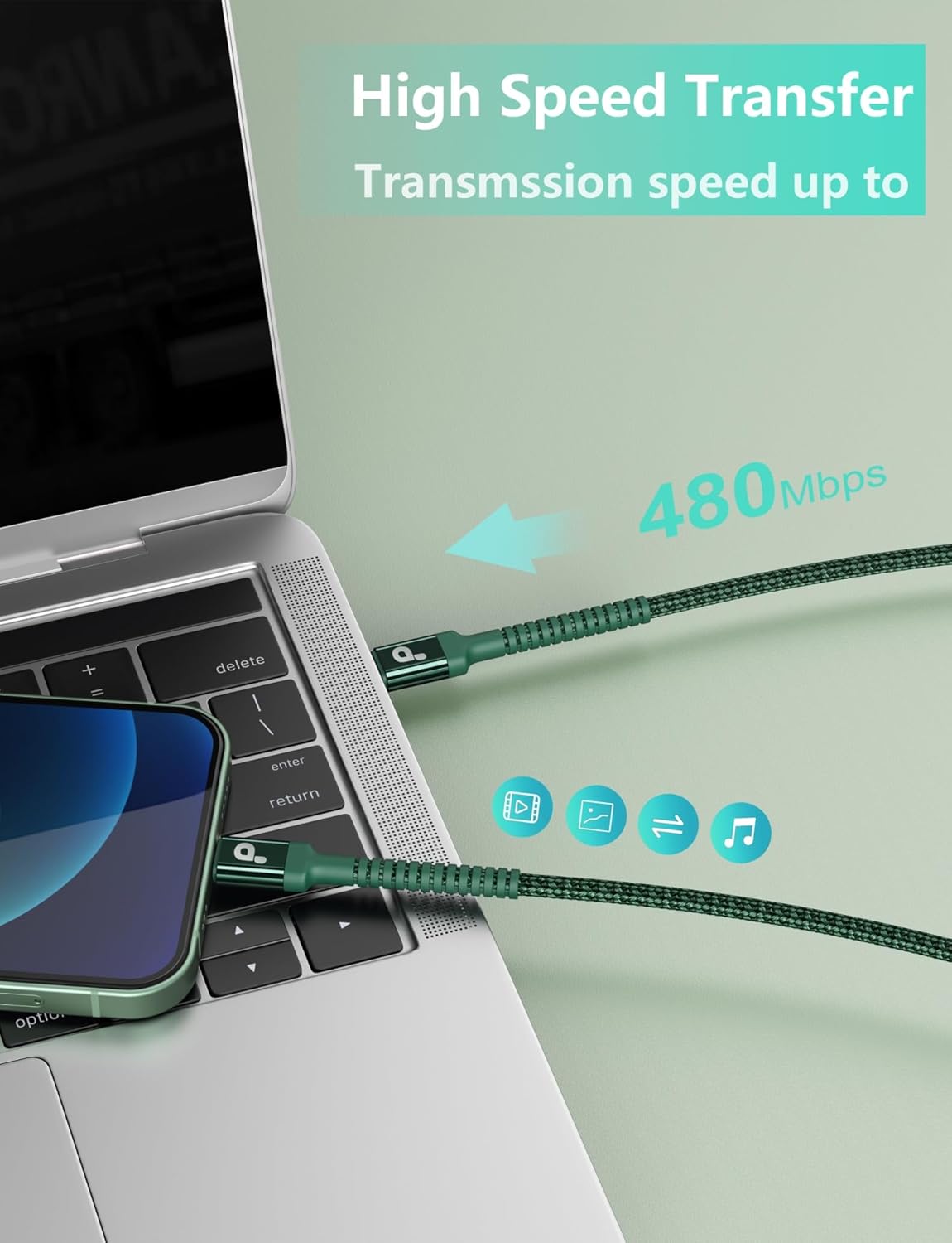 USB C Cable Fast Charging 10FT, 2Pack USBC to USBC Cable, iPhone 16 15 Charger Long Type C Nylon Braided USB-C Charger Cord for iPhone 16/15/Pro Max/Plus/Samsung Galaxy S23/LG/Switch-Green