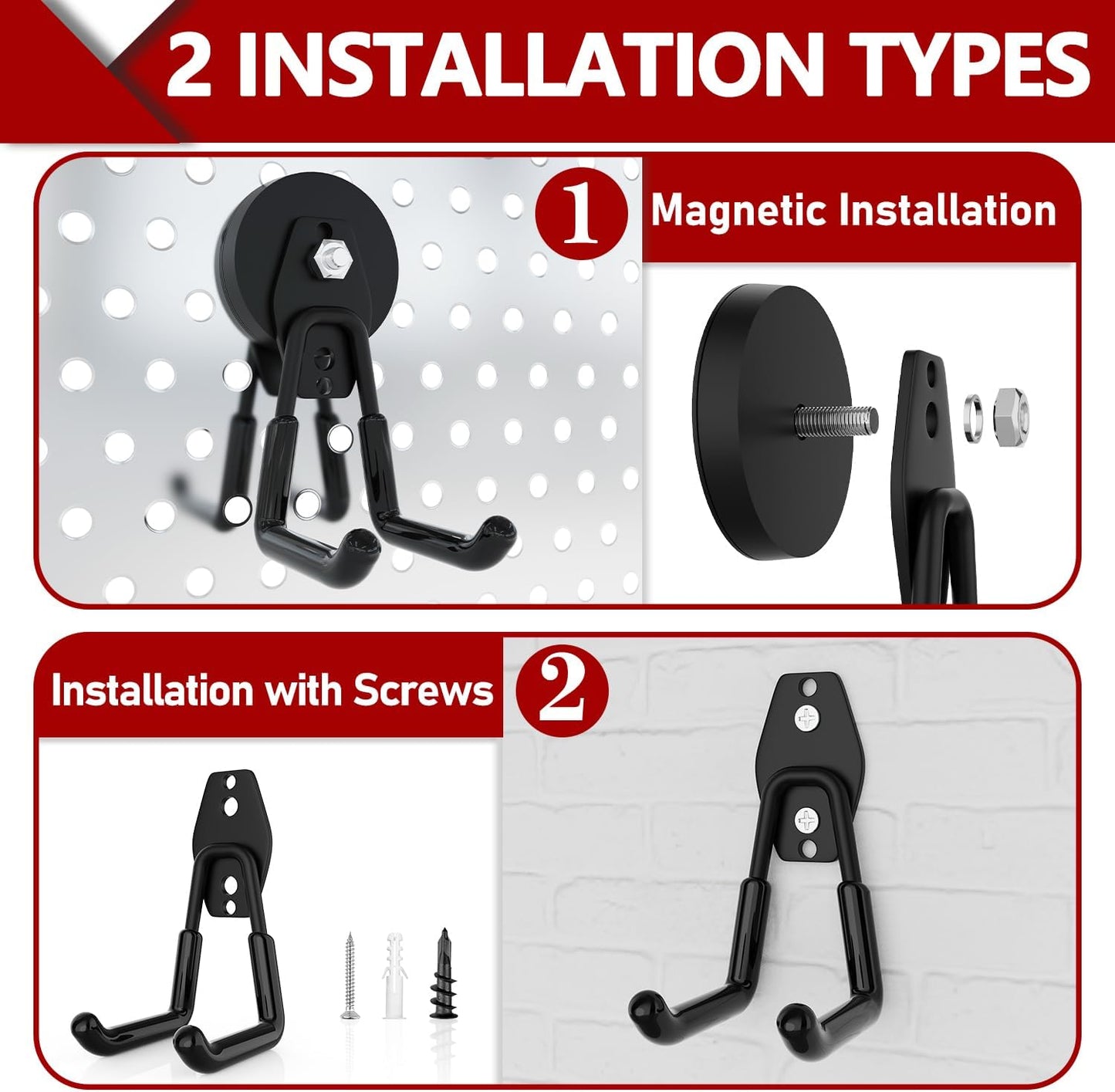 3-H Heavy Duty Magnet Garage Hooks 2 Pack, Large Strong Magnetic Hooks for Hanging Cordless Power Drill, Utility Magnetic Tool Holder for Metal Cabinet, Steel Pegboard, Toolbox, Garage(Black)