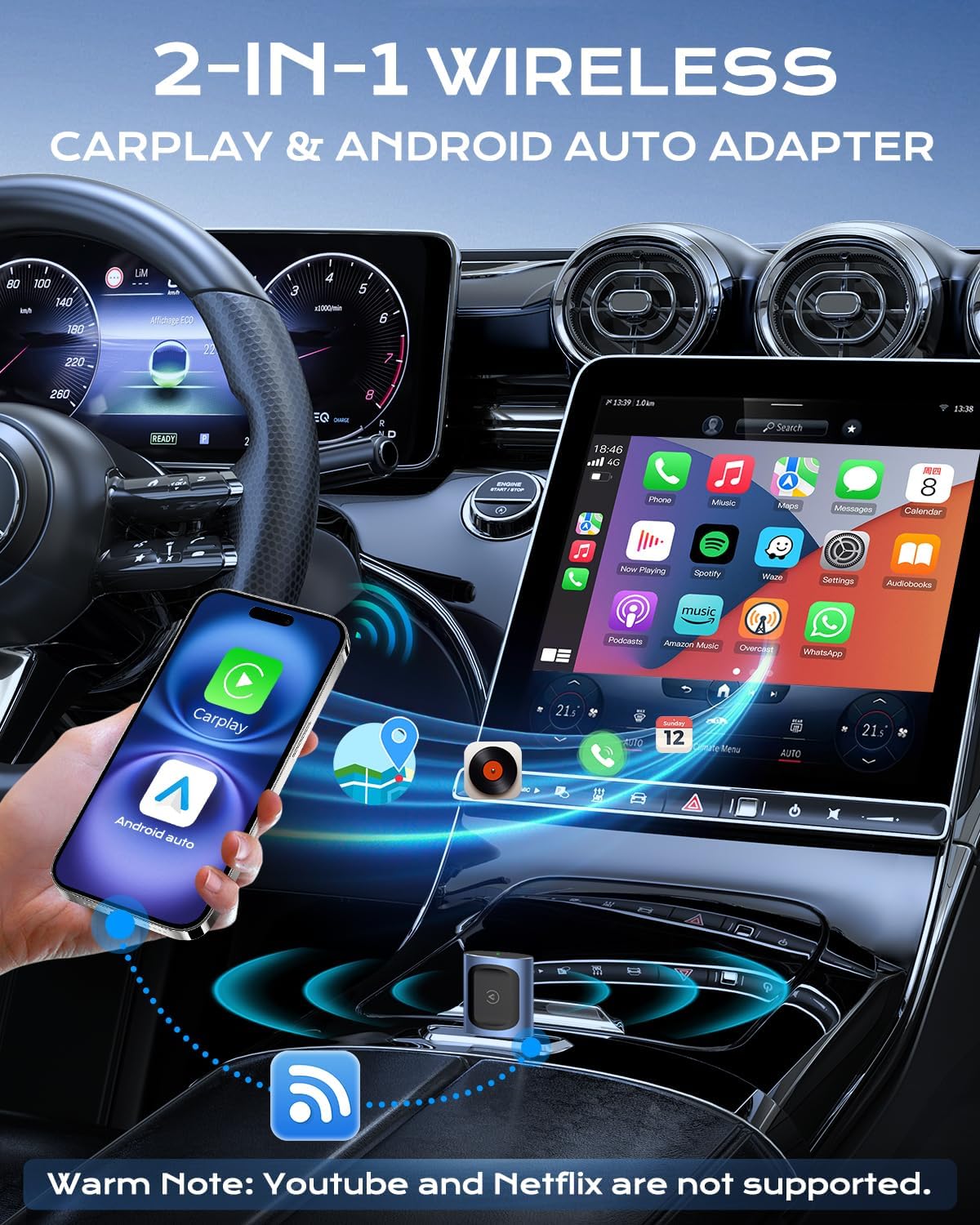 AuroraLink Wireless Carplay & Android Auto Adapter 2-in-1 Stable & No Delay Carplay Wireless Adapter Convert Wired to Wireless Car Play Dongle for iOS 10+/Android 11+ (Blue)