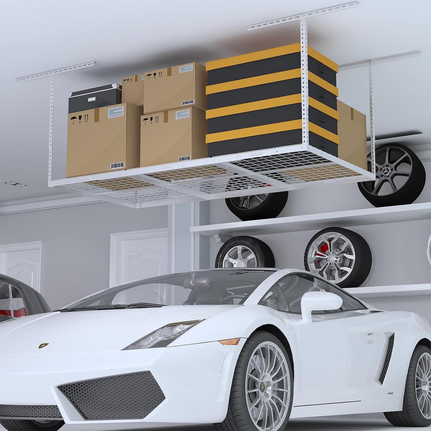 3x6ft Overhead Garage Storage Rack, Heavy Duty Metal Ceiling Shelf, 22'' to 40" Adjustable Dropdown, 450lbs Loading Weight Capacity, White