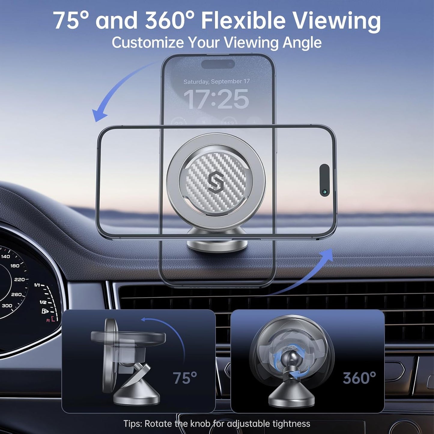 SYNCWIRE for MagSafe Car Mount - Kevlar Material Magnetic Phone Holder for Car Dash,360° Rotation Strong Magnets Car Phone Holder Compatible iPhone 16 Pro Max 15 14 13,Android MagSafe Car Accessories