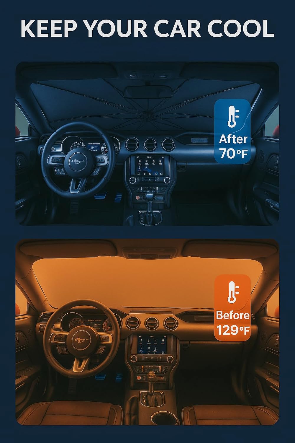 Proadsy Windshield Sun Shade Umbrella for Ford Mustang 2015-2023 Foldable Car Umbrella Sunshade with Soft TPU Handle Spring Structure Crystal Cooling Material Protect Car from Rays & Heat