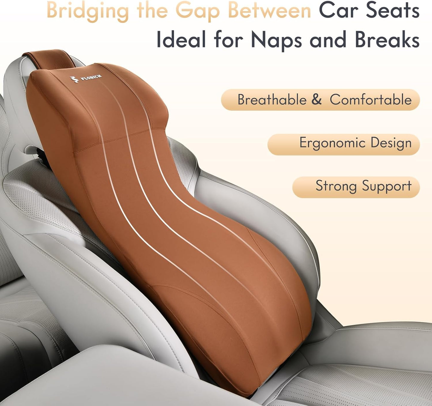 FLORICH Car Seat Lumbar Support with Headrest Pillow Memory Foam Car Lumbar Pillow Back Support Cushion 2-in-1 Ergonomic Back Rest Pillow & Car Neck Pillow for Driving Tailbone Pain Relief, Brown