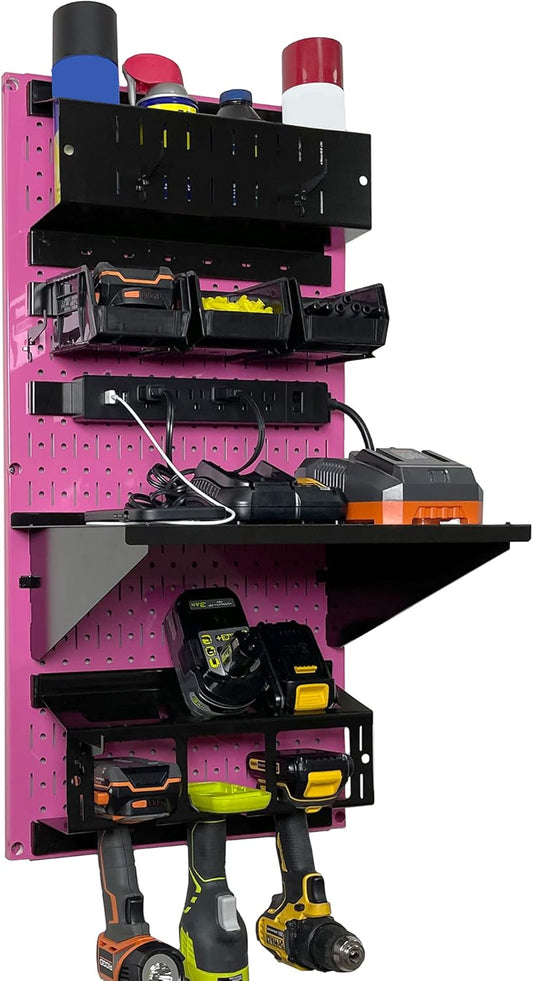 Wall Control Power Tool Storage Organizer Kit Cordless Drill Holder Charging Station Rack 16” x 32” Metal Pegboard Organization System (Pink Pegboard)