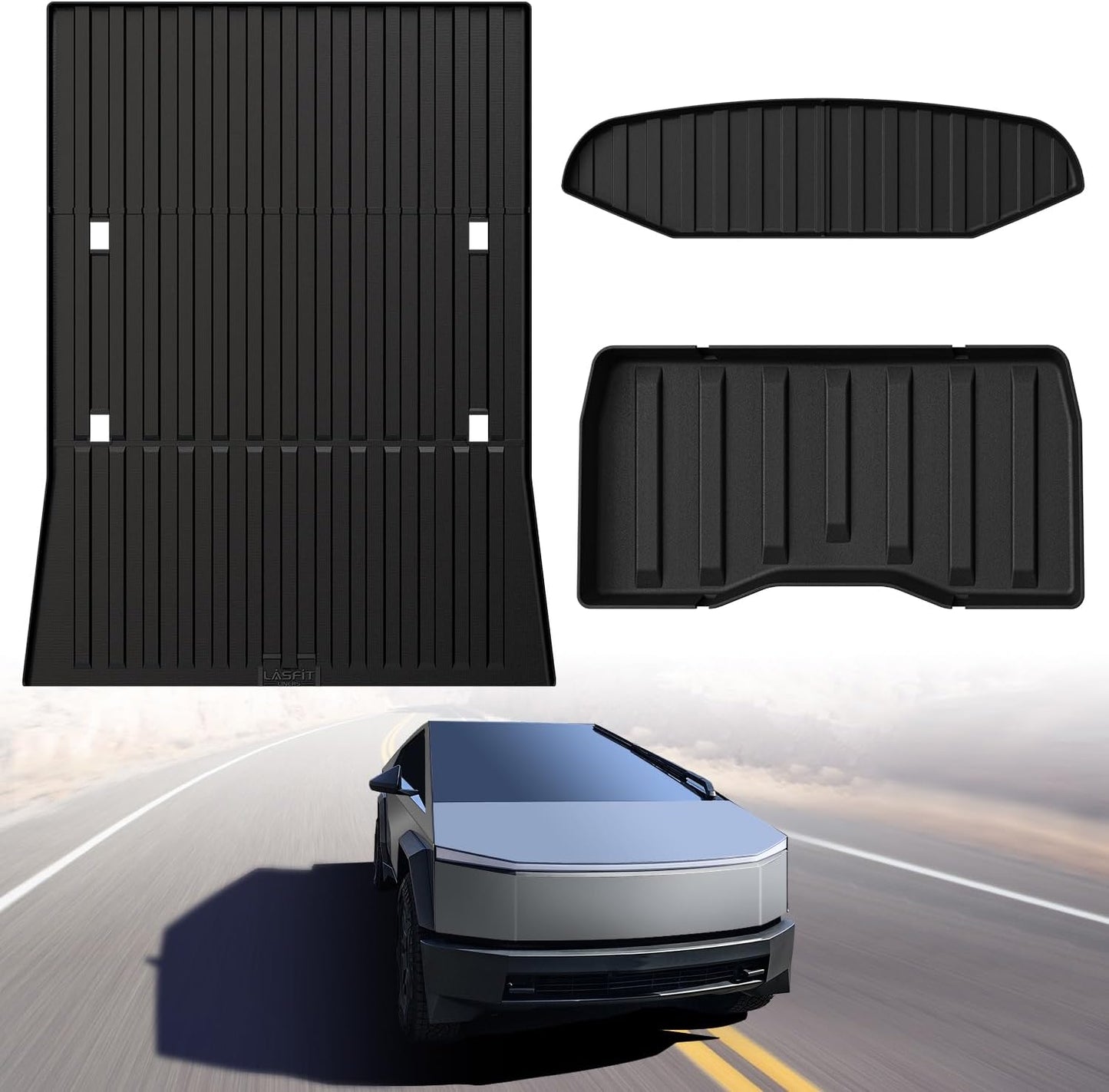 LASFIT Truck Bed Mat for Tesla Cybertruck 2024 2025 2023 6FT Bed Liner Car Accessories, Custom Fit TPE All Weather Pickup Cargo Liner Frunk Rear Sub Trunk Mat Set 3PCS