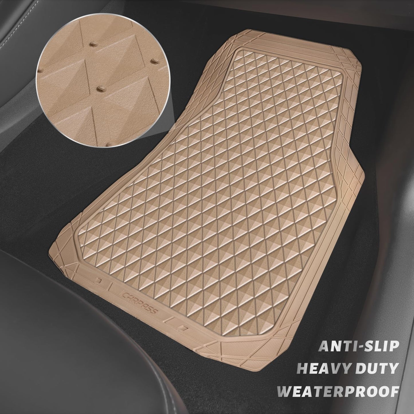 CAR PASS Beige Rubber Car Mats, All-Weather Floor Mats Full Set Durable Anti-Slip 3D Rhombus Waterproof Automotive Pad Trim to Fit Liner Universal Fit for Sedan SUV Truck Van, 4 Pcs All Beige Rubber