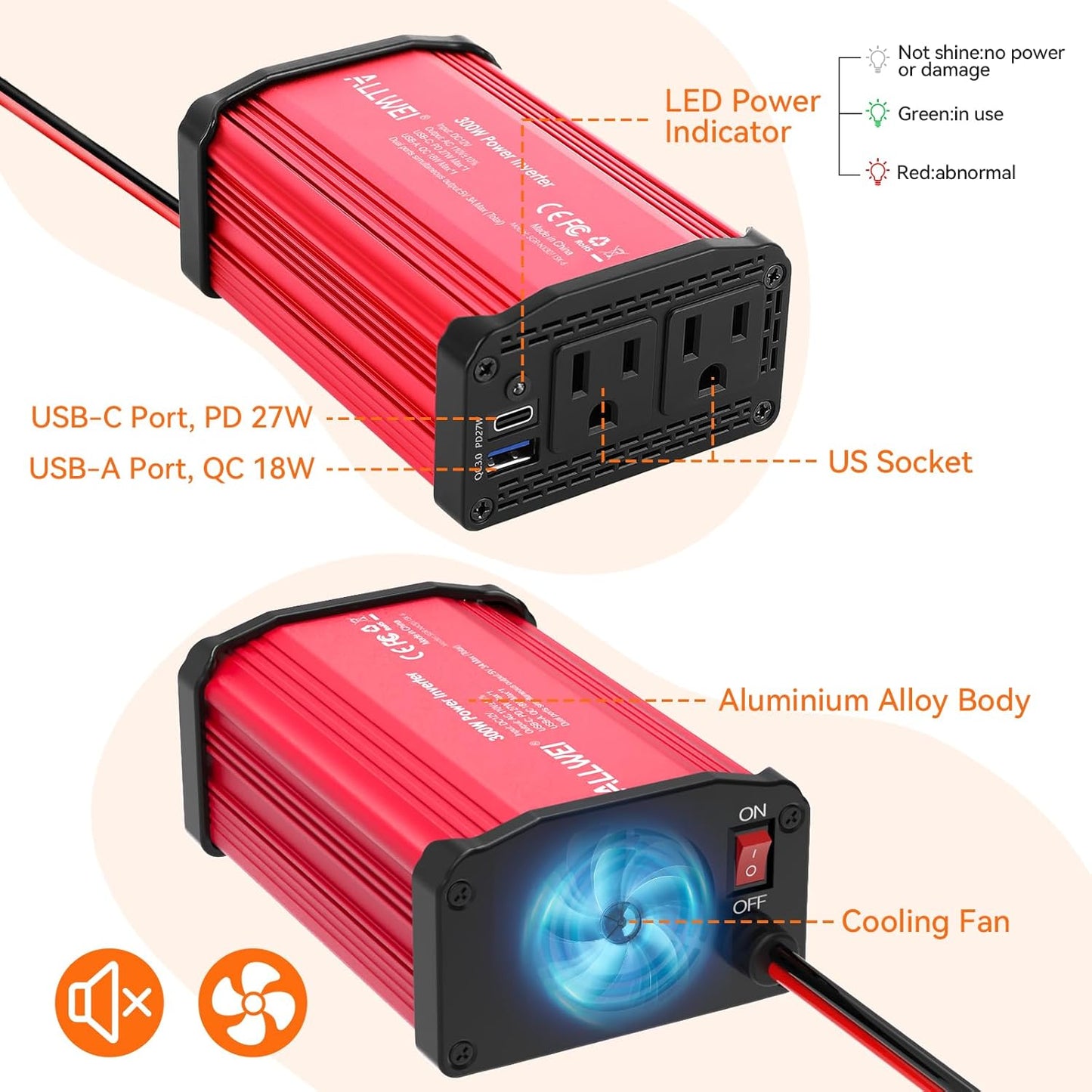 300W Car Power Inverter 12v to 110v, Car Plug in Adapter Outlet with PD 27w USB-C and Fast Charger 18w USB-A, Car Outlet Adapter, Car Converter to Outlet Plug, Power Inverters for Vehicles (Red)