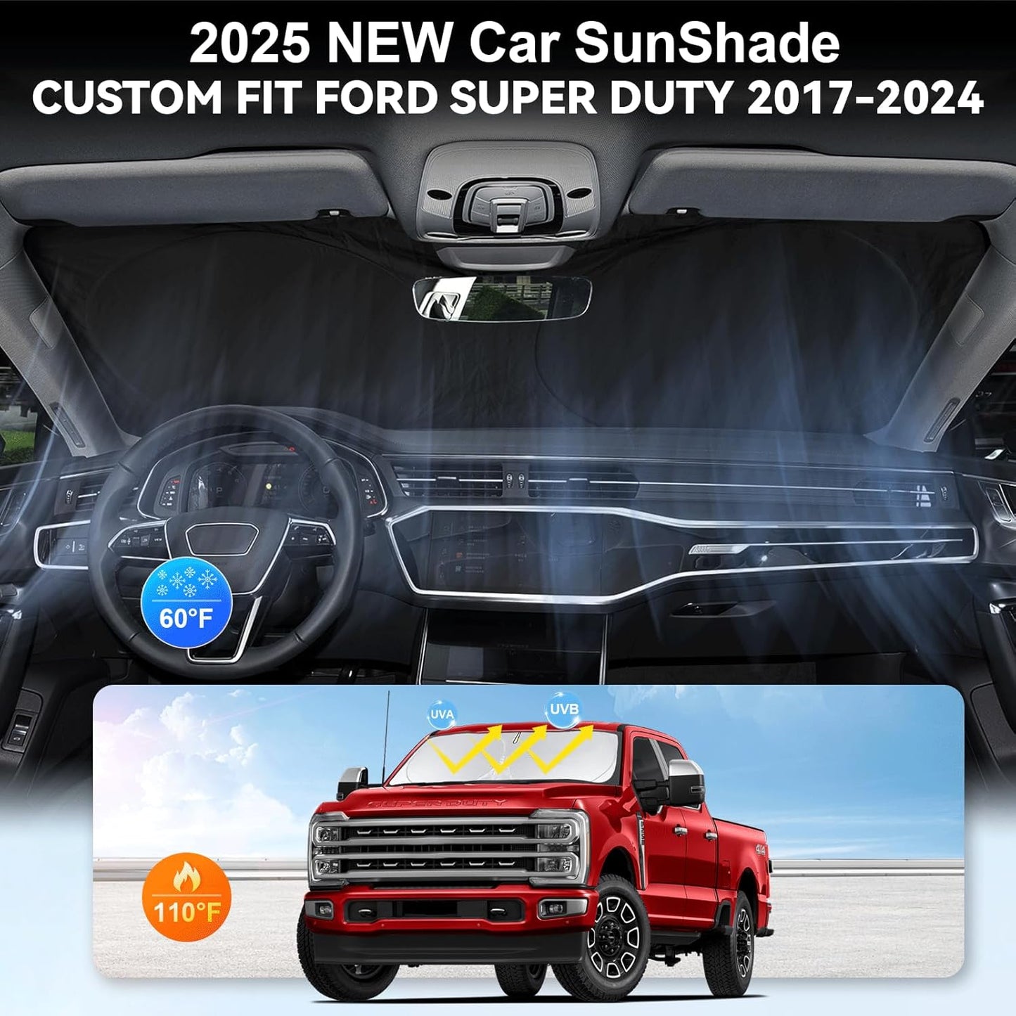 for Ford F250 F350 F450 F550 2017-2024 2025 Super Duty Crew Cab Windshield Sun Shade, Foldable Front Windows Sunshades Custom Fit F 250 Folding Sun Visor Shield Blocks UV Car Accessories