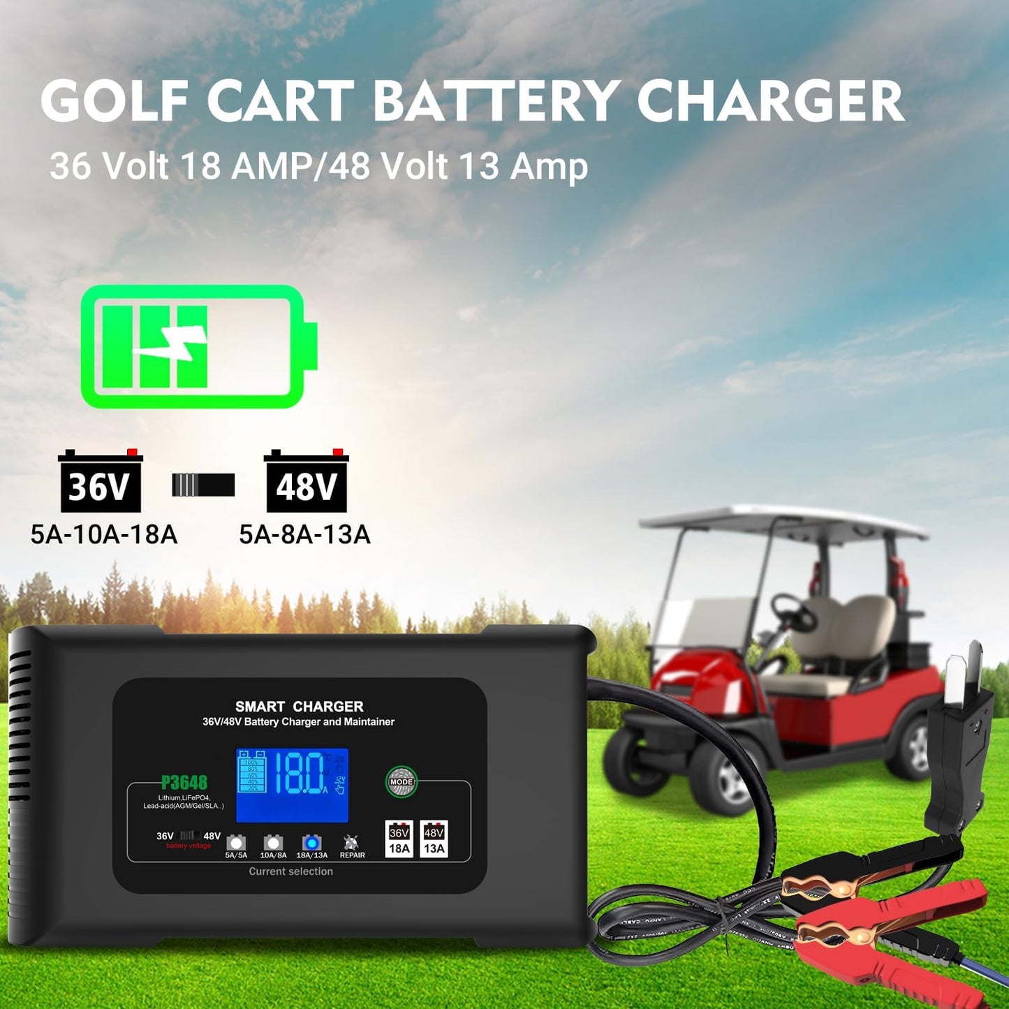 Golf cart Battery Charger, 36V 18A and 48V 13A Trickle Charger,36 Volt Golf Cart Charger,for Club Car,EZGO & Yamaha,Lithium,LiFePO4,Lead-Acid AGM/Gel/SLA..Battery Chargers,Crowfoot Plug