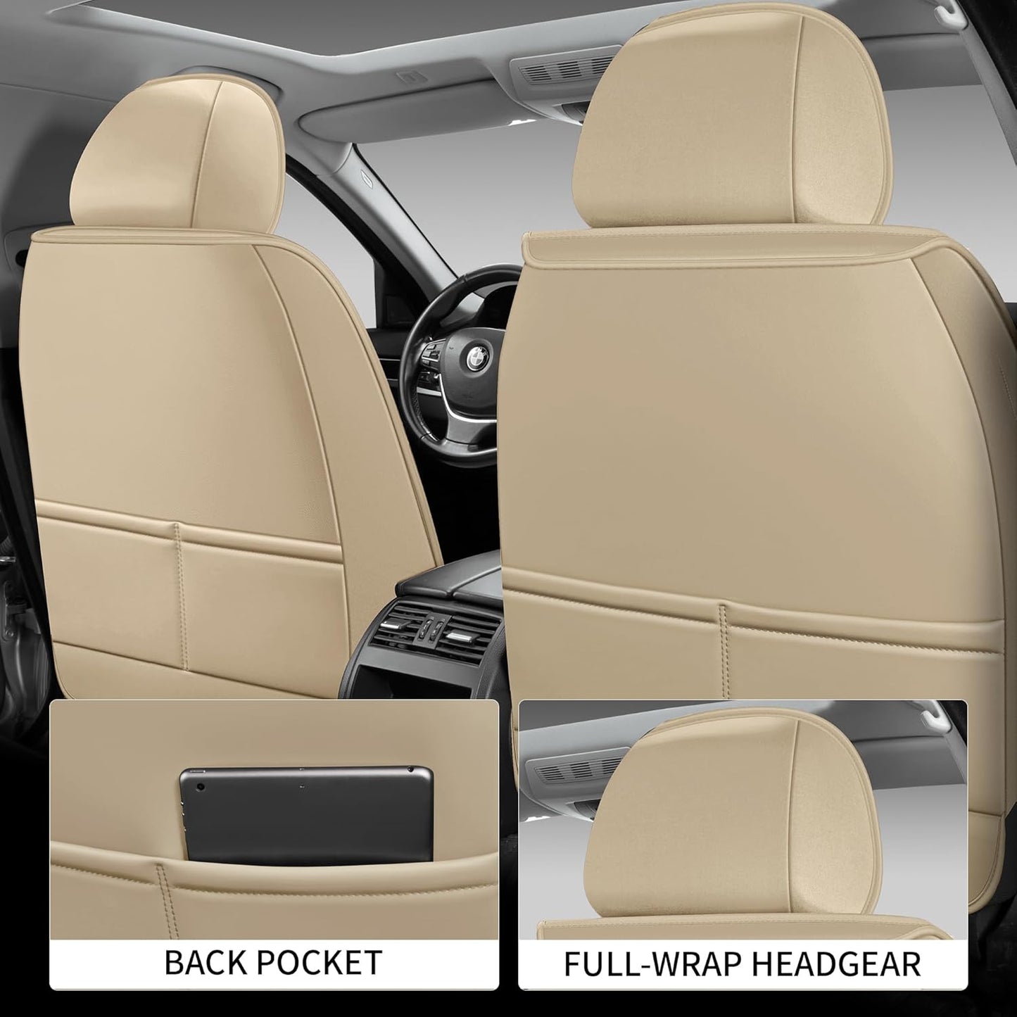 Car Seat Covers Full Set, Black Seat Cover for Cars Compatible Airbag, Easy Install Luxury Leather Automotive Seat Covers with Lumbar Support, for Car, Truck, SUV, Beige