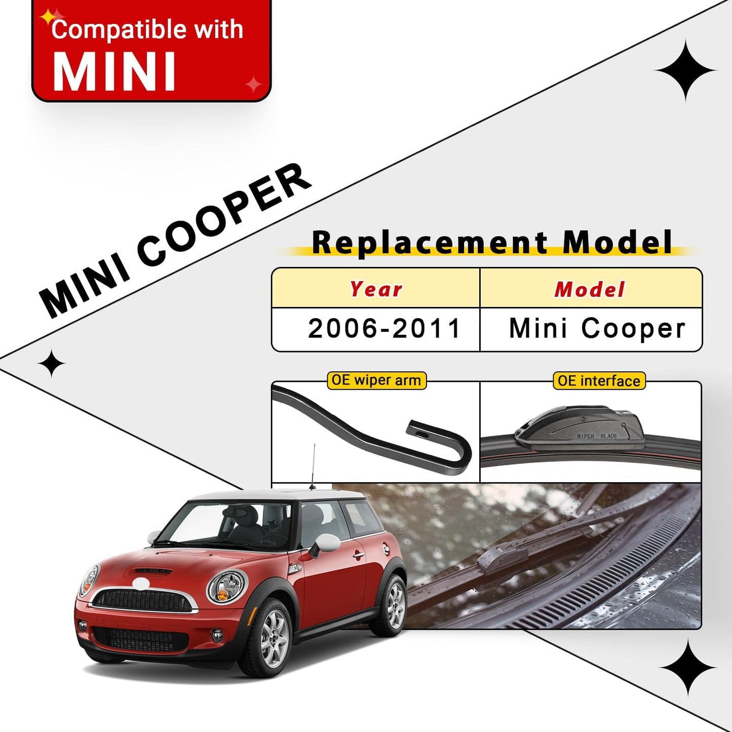 Windshield Wiper Blade Set Replacement for 2006-2011 Mini Cooper and Rear Windshield Wiper Blade-19"/18"/10" (Set of 3) U/J HOOK