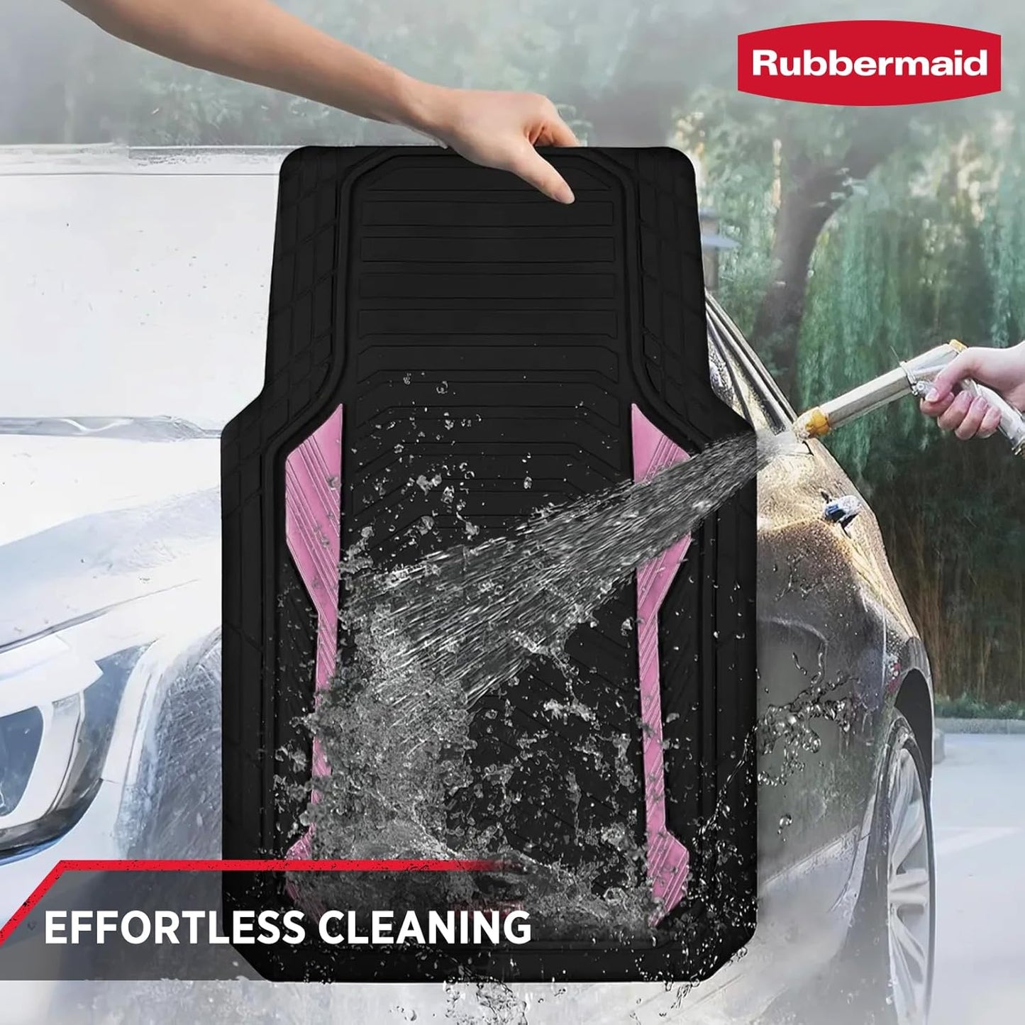 Rubbermaid Car Floor Mat, Heavy Duty All-Weather Car Mats Full Set with Dual-Tone Pink Aluminum Inserts – Universal Fit, Anti-Slip Backing, Trim-to-Fit for Most SUV, Sedan, Van