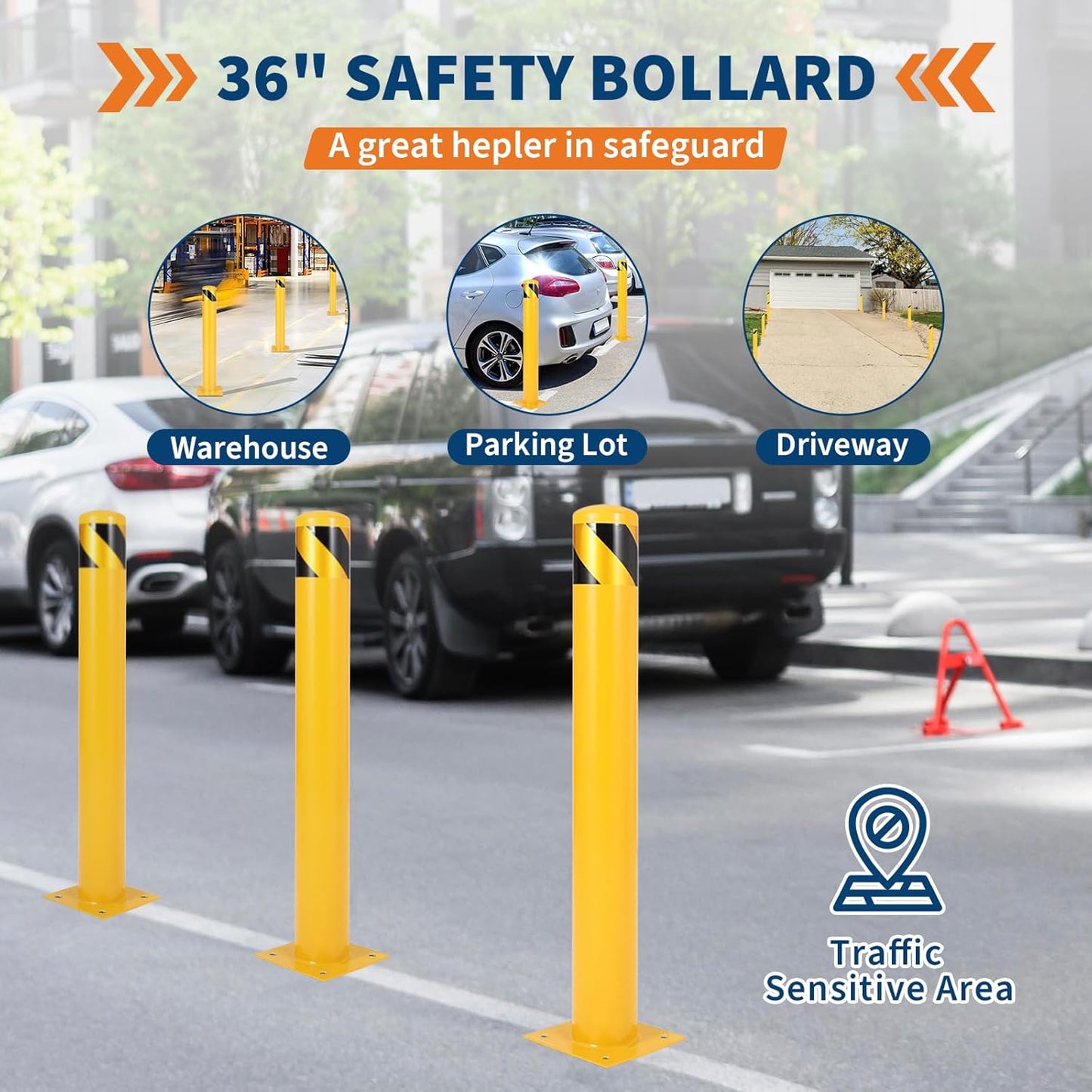 4.5x42 Inch Safety Bollard Post - Yellow Steel Bollard with Anchor Bolts (4-Pack) for Parking Lots, Walkways & Traffic Areas