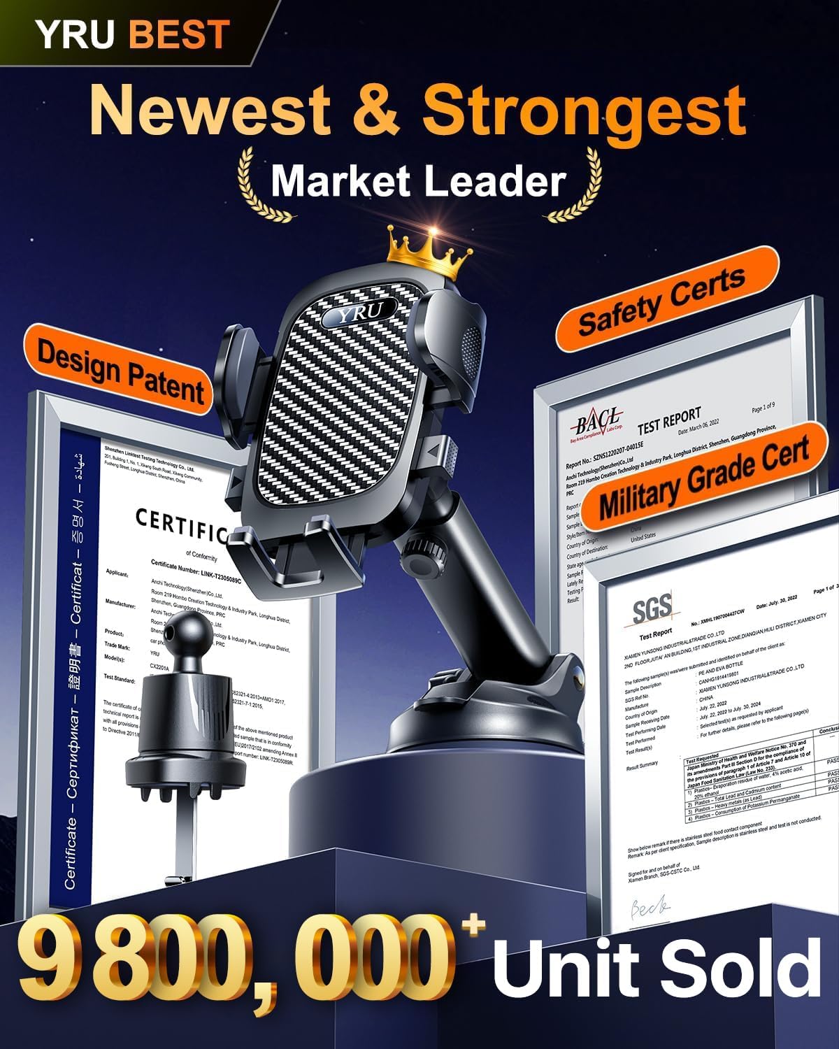 [True Military-Grade & 360 Degrees Rotatable Suction] 2025 YRU Ultimate Car Phone Holder Mount 【90+LBS Safest Strongest & Patent Certs】Dashboard Windshield Vent for iPhone 16 15 Pro Max Samsung, Black