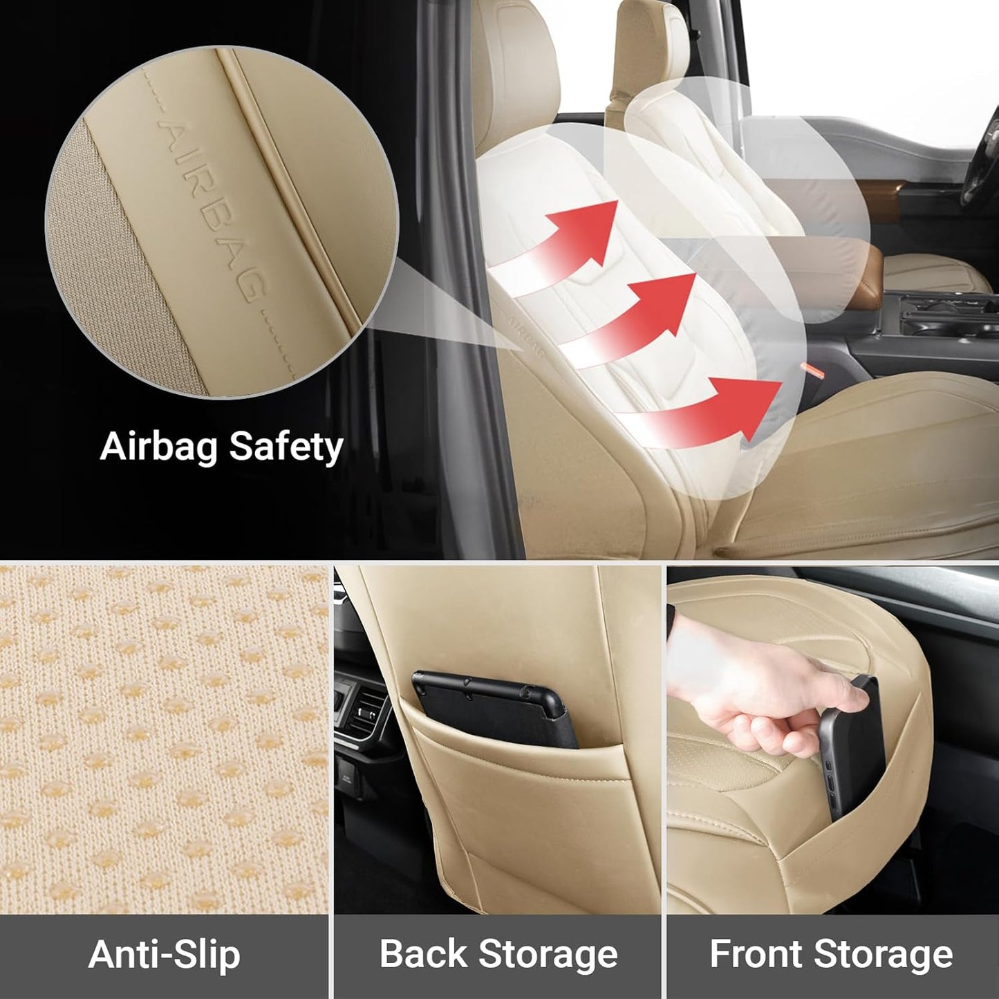 Coverland Custom Car Seat Covers Compatible with Ram 1500, Tacoma - Premium Leather Non-Slip Memory Foam Waterproof Cover Custom Fit Interior Protector Front Seat-Beige [See Size Chart-Size A49]