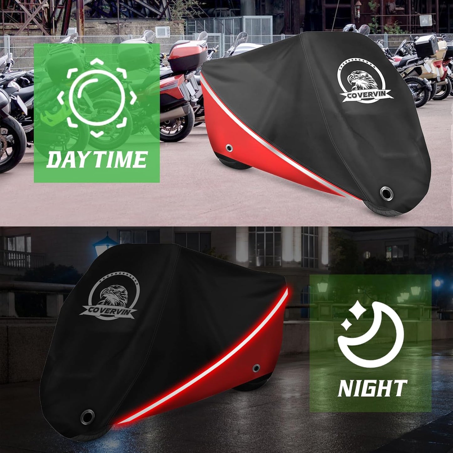COVERVIN Motorcycle Cover, All Weather Outdoor Waterproof Night Protection with Reflective Strips, Locking Holes and Storage Bag for 96 Inch Suzuki, Kawasaki, Honda, Harley-Davidson(Red XL)