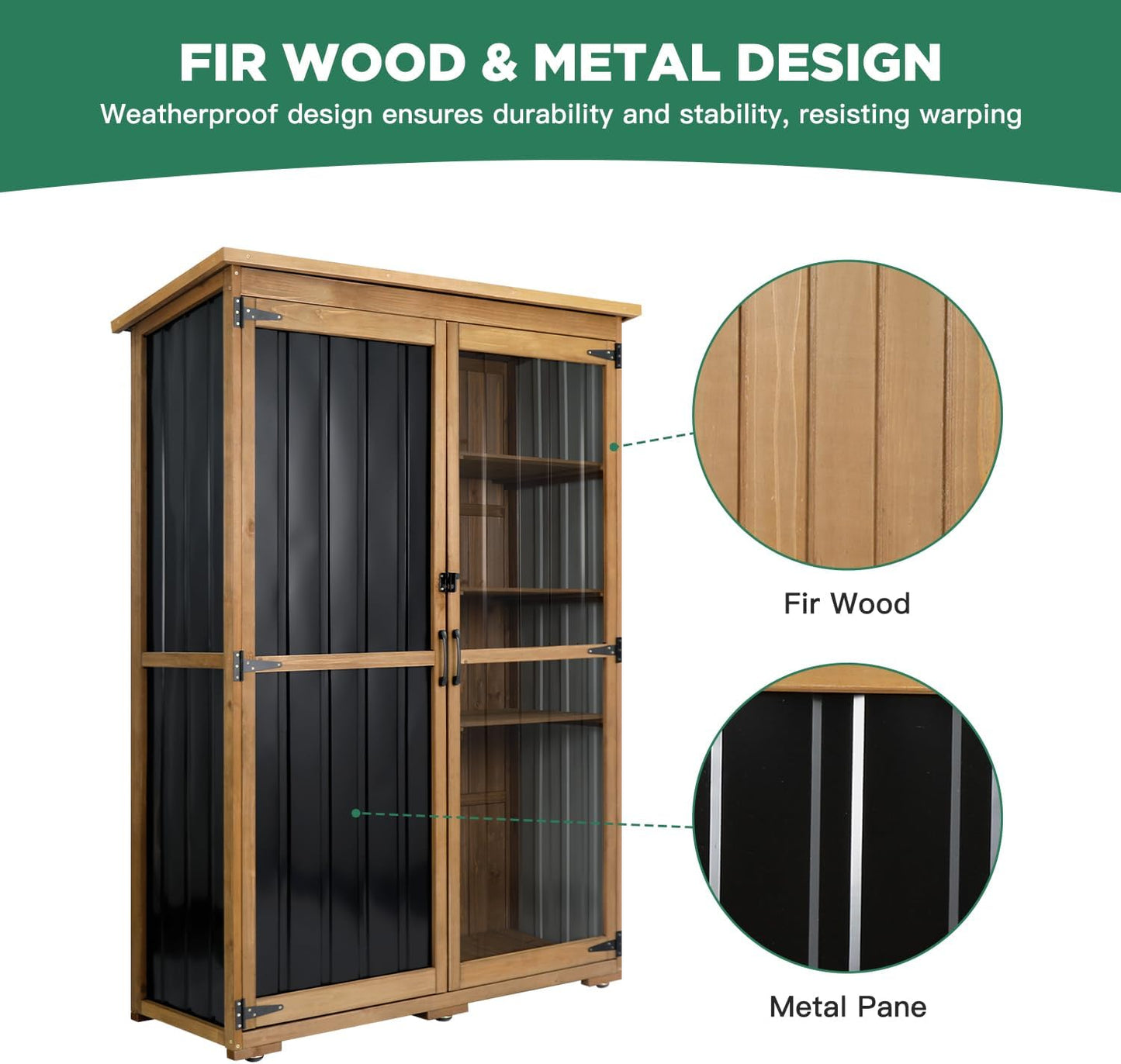 Outdoor Storage Cabinet Wood & Metal, Storage Shed Waterproof Double Lock for Anti-Theft Removable Shelves Adjustable Feet Wooden Floor for Patio, Garden, Lawn Pool Storage, 46" X 18" X 68"