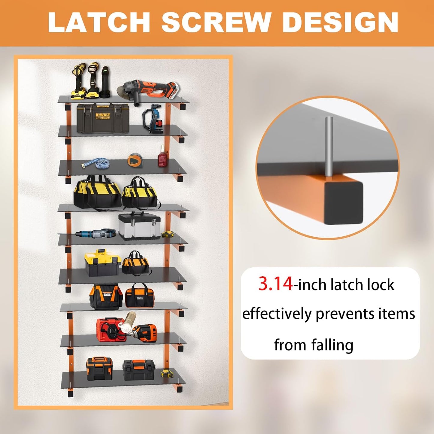 6 Pack Wall-Mounted Lumber Rack, Heavy Duty Wood Storage Racks, 9-Level System Garage Shelving, 1980 LBS Capacity Hanging Organizer Shelves, Orange Brackets Utility Metal Shelf for Indoor and Outdoor