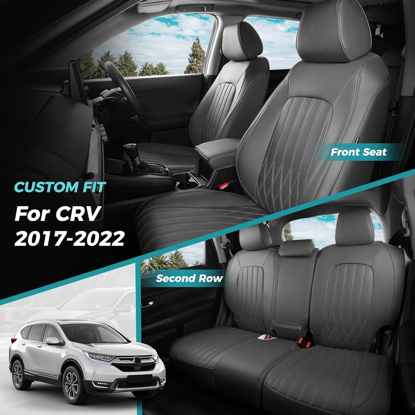 Seat Covers for Honda CRV 2017-2022 EX/EXL/LX/Sport/Touring/Special Edition, Hybrid & Gas,1:1 Custom Fit Leather Seat Covers Full Set - Grey