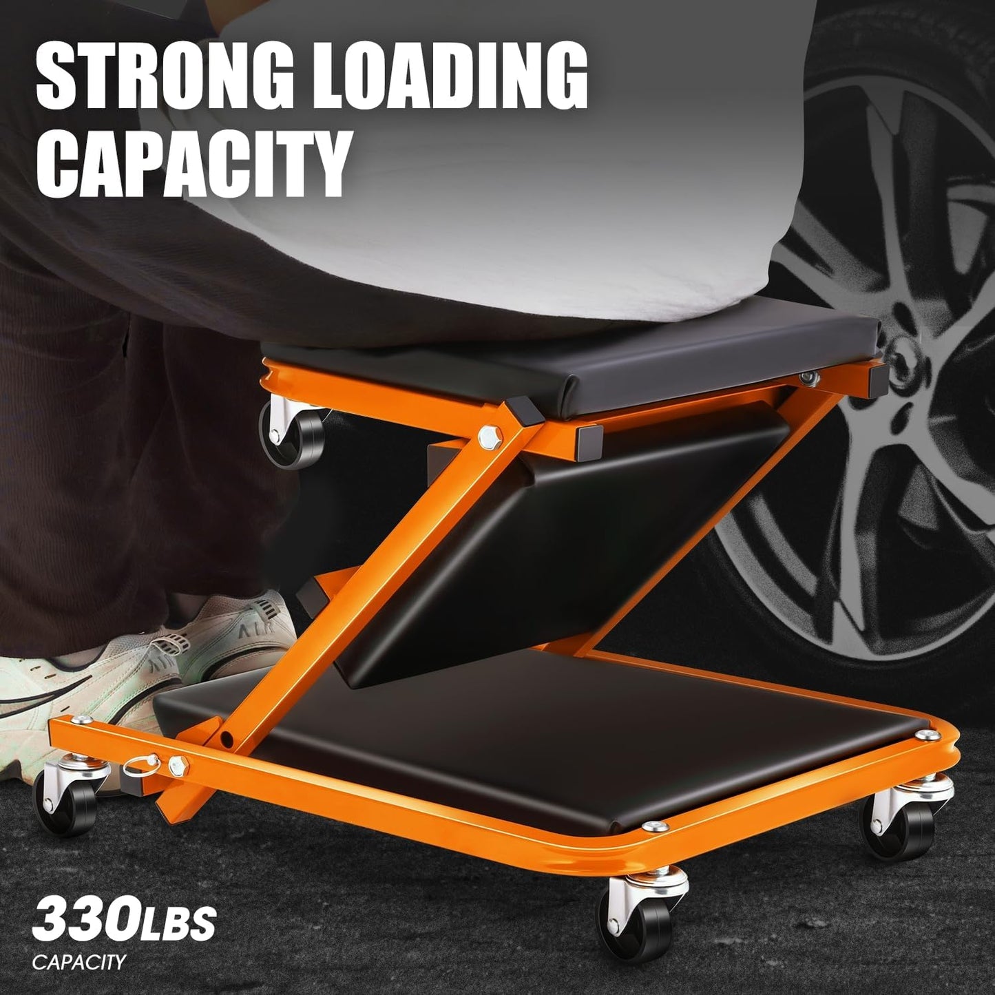 PM PERFORMOTOR 36 Inches Folding 2 in 1 Rolling Z Creeper, Adjustable Roller Garage Chair Lay Down or Sit, 6 Pcs 2" Casters, 150kg Weight Capacity, OrangePM-TOL-CPS36-OG