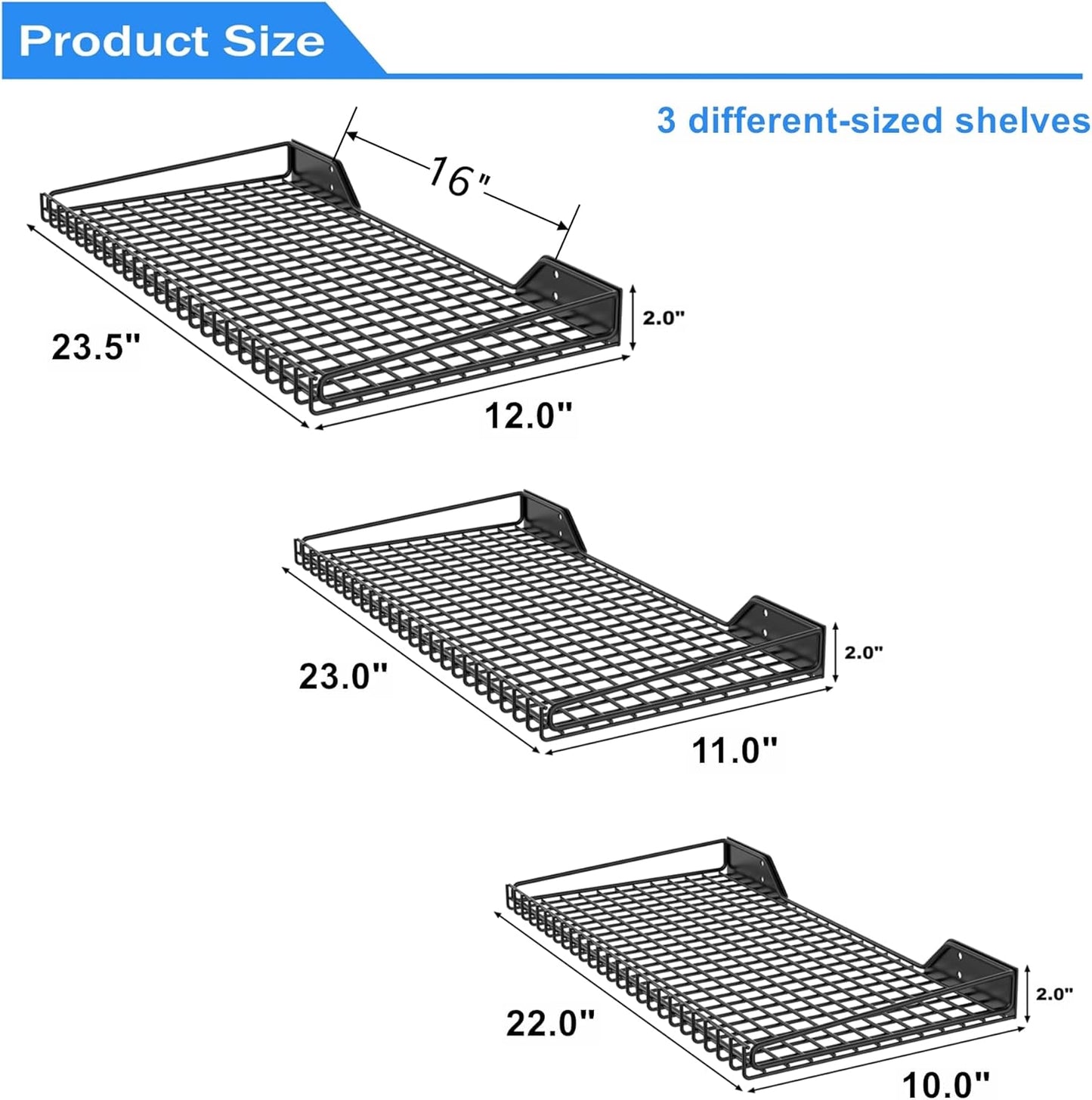 TORACK Wall-Mounted Storage Shelves, Mixed-Size Garage Shelving for Closet & Laundry Room, Heavy-Duty Wall Shelf Holds Up to 65 lbs(Black)