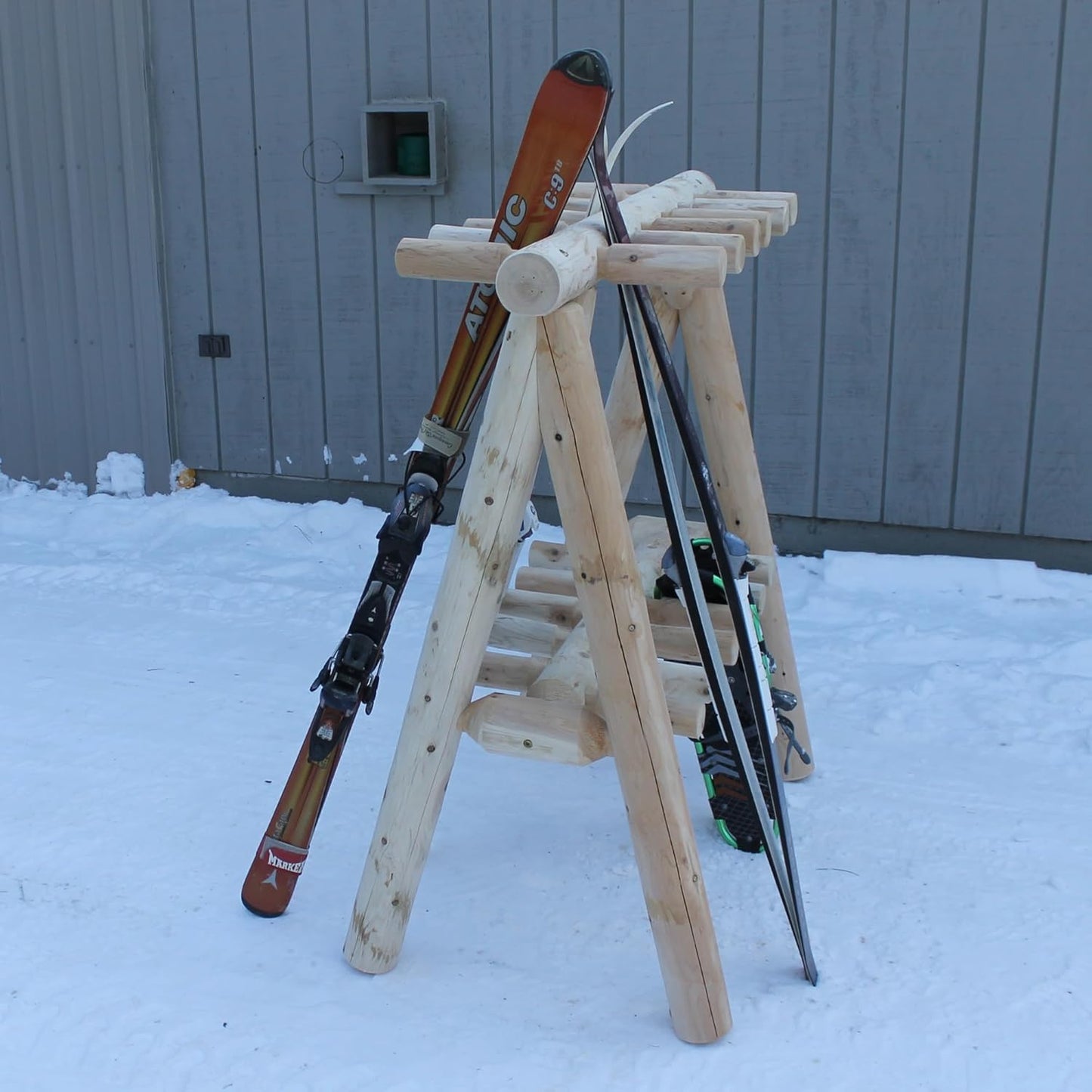 13-Place Freestanding Log Ski Rack Holder, Indoor & Outdoor Snowboard Racks, Standing Storage, Garage Racks for Snow Skis & Poles, Durable Snowboard Rack Garage Storage Organizer - Natural