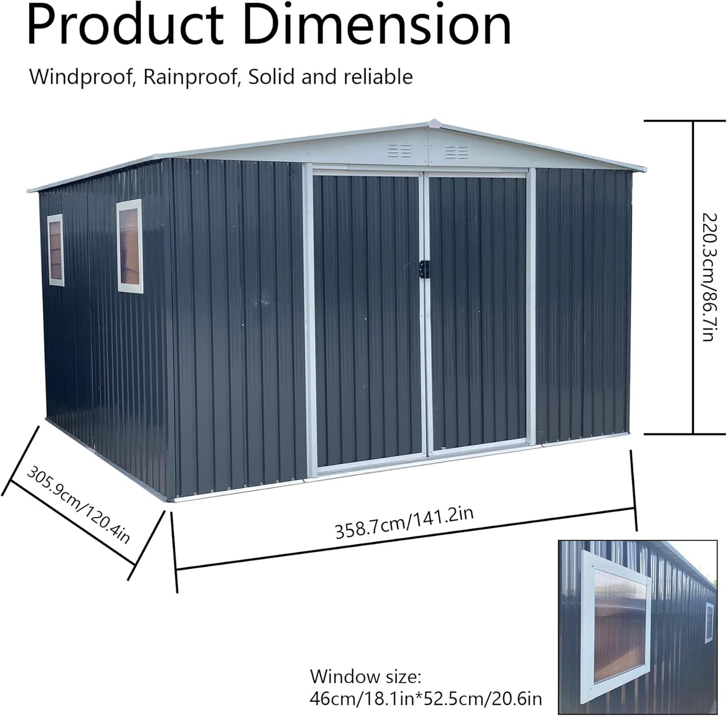 10x12 FT Outdoor Storage Shed, Large Metal Garden Shed with 4 Windows, Outside Tool Shed with Lockable Sliding Doors, Waterproof Storage Building with 4 Air Vents for Backyard, Patio, Lawn, Gray