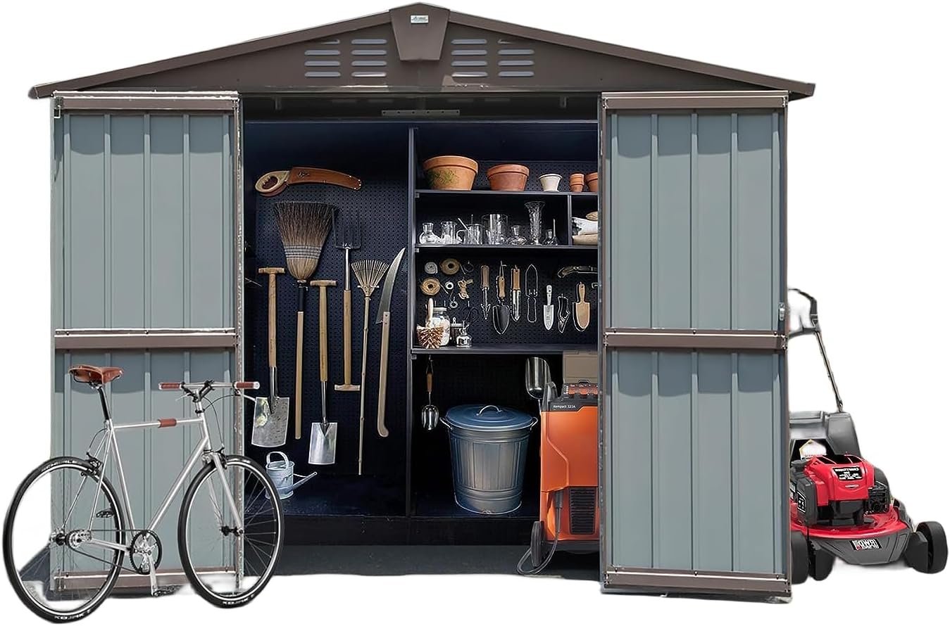 IKERY Metal Storage Shed 8.2' x 6.2' with Double Lockable Doors & Air Vents - Utility Tool Shed for Backyard, Patio, Garden - Brown