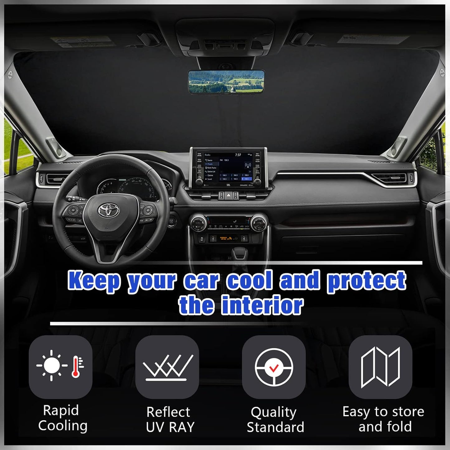 Sze Windshield Sunshade for Toyota RAV4 2019-2023 2024 2025, Foldable Front Window Sun Shield UV Reflector Sun Visor, Privacy Protection, Light Weight, Keep Vehicle Cool